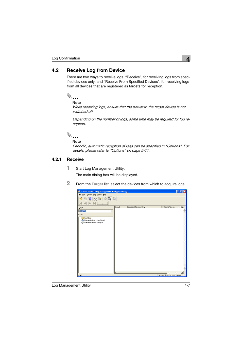 2 receive log from device, 1 receive, Receive log from device -7 | Receive -7 | Konica Minolta PageScope Log Management Utility User Manual | Page 28 / 76