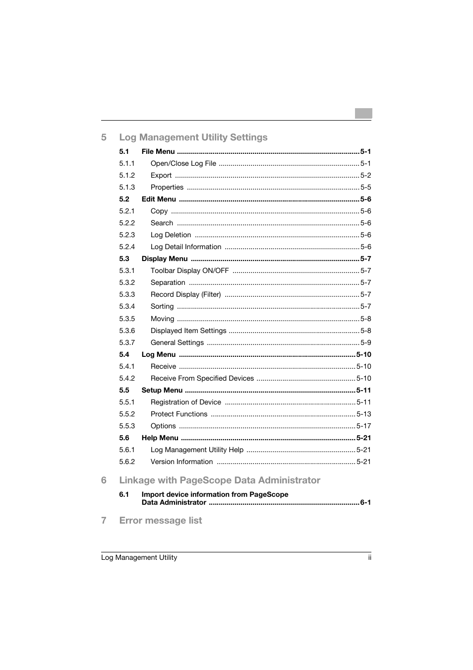 5log management utility settings, 6linkage with pagescope data administrator, 7error message list | Konica Minolta PageScope Log Management Utility User Manual | Page 3 / 76