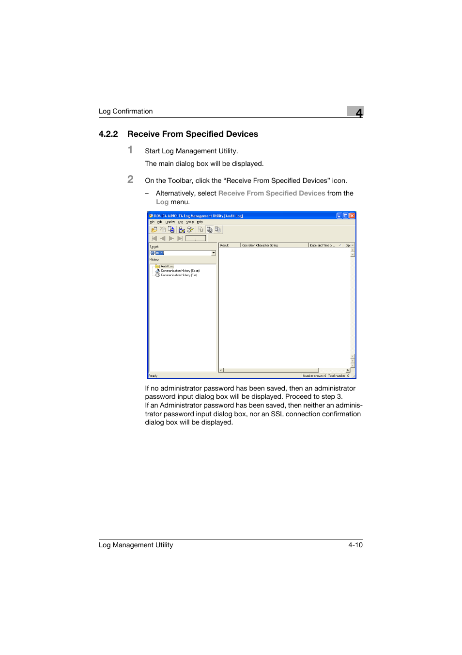 2 receive from specified devices, Receive from specified devices -10 | Konica Minolta PageScope Log Management Utility User Manual | Page 31 / 76