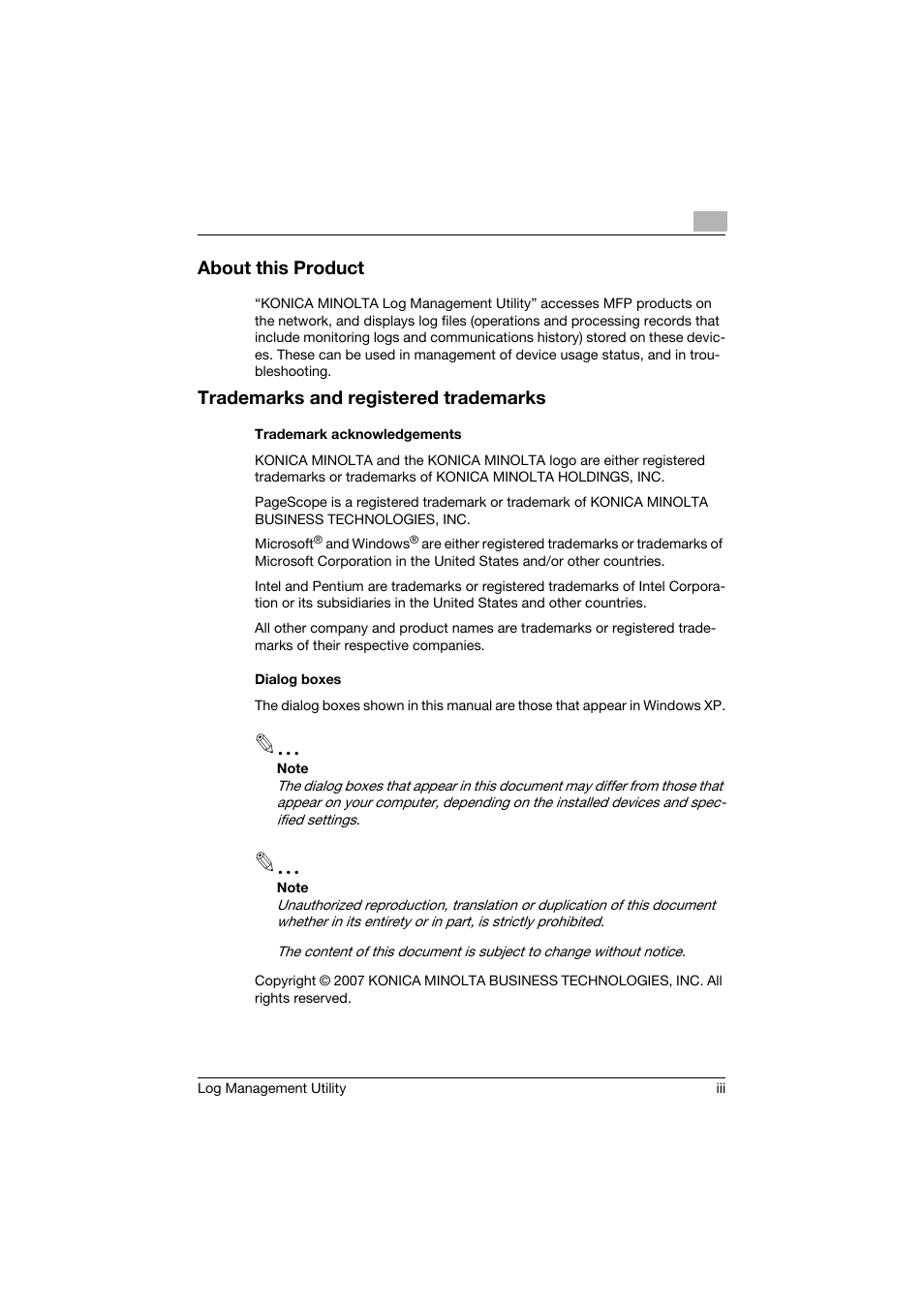 About this product, Trademarks and registered trademarks | Konica Minolta PageScope Log Management Utility User Manual | Page 4 / 76