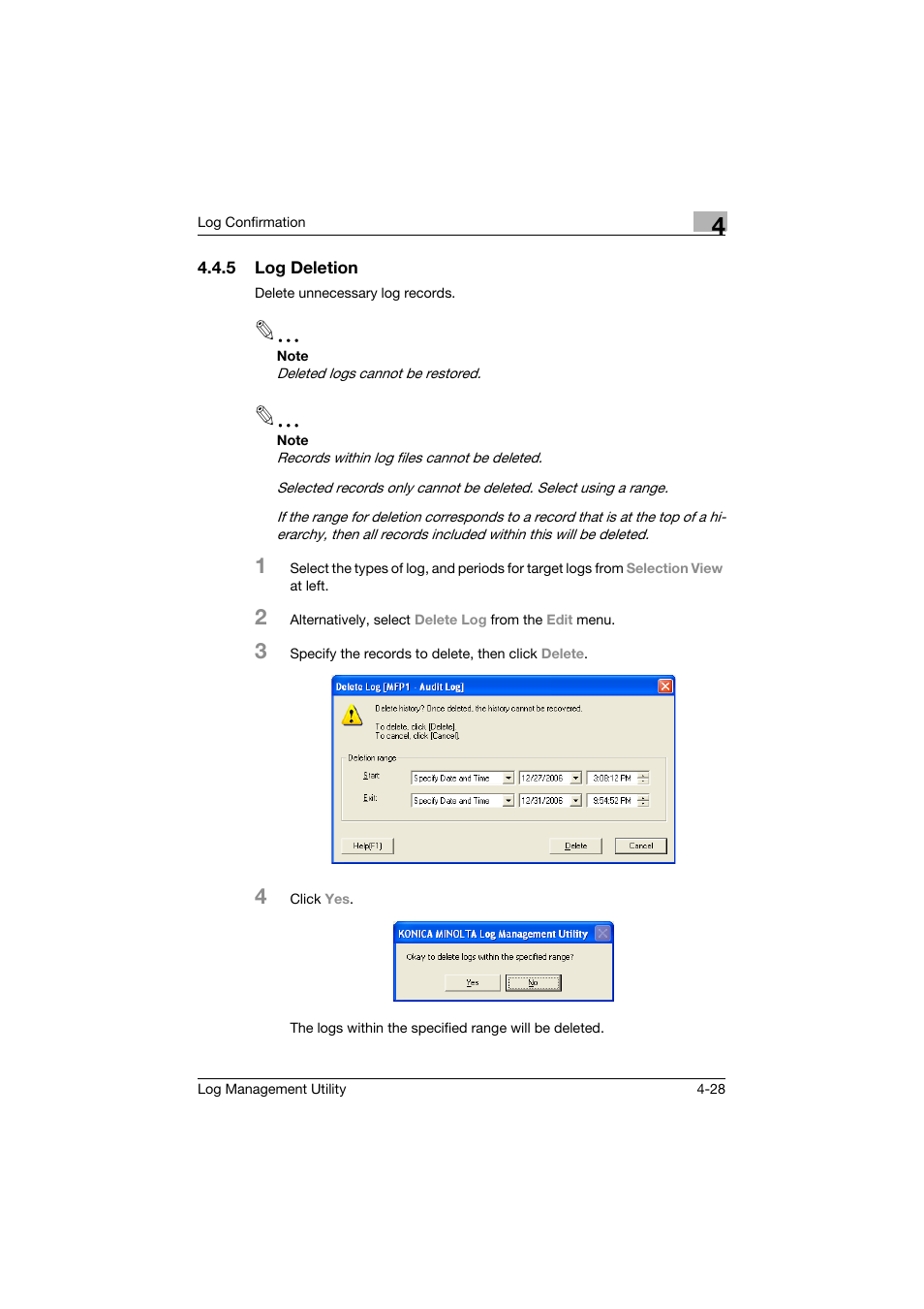 5 log deletion, Log deletion -28 | Konica Minolta PageScope Log Management Utility User Manual | Page 49 / 76