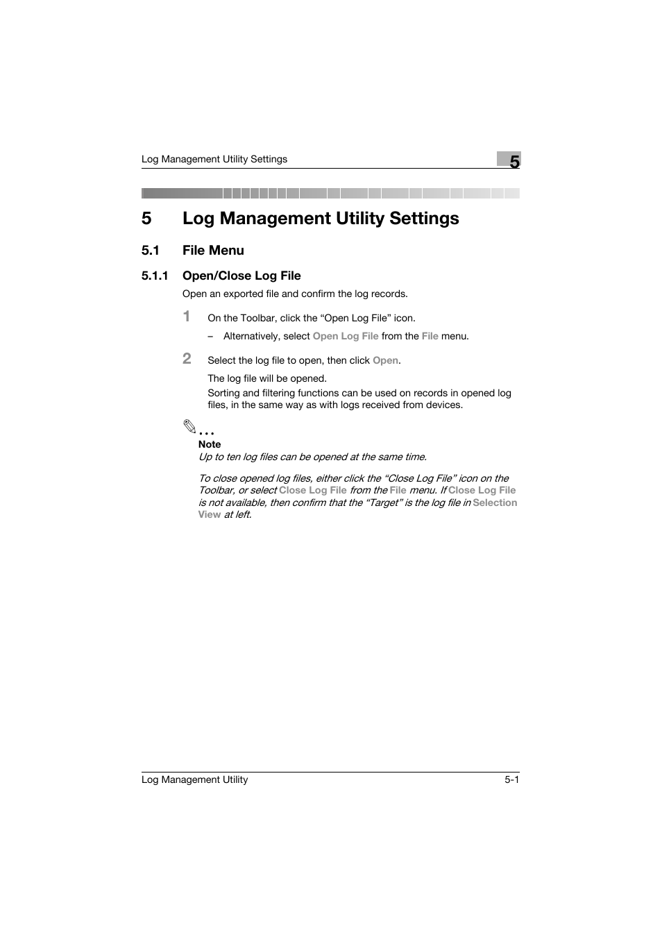 5 log management utility settings, 1 file menu, 1 open/close log file | Log management utility settings, File menu -1, Open/close log file -1, 5log management utility settings | Konica Minolta PageScope Log Management Utility User Manual | Page 50 / 76