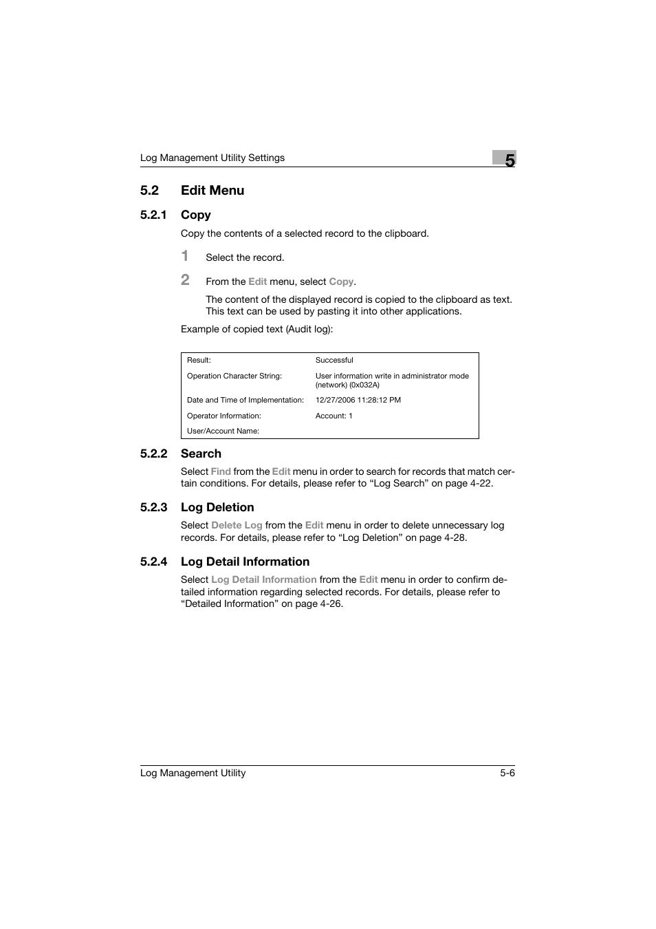 2 edit menu, 1 copy, 2 search | 3 log deletion, 4 log detail information, Edit menu -6, Copy -6, Search -6, Log deletion -6, Log detail information -6 | Konica Minolta PageScope Log Management Utility User Manual | Page 55 / 76