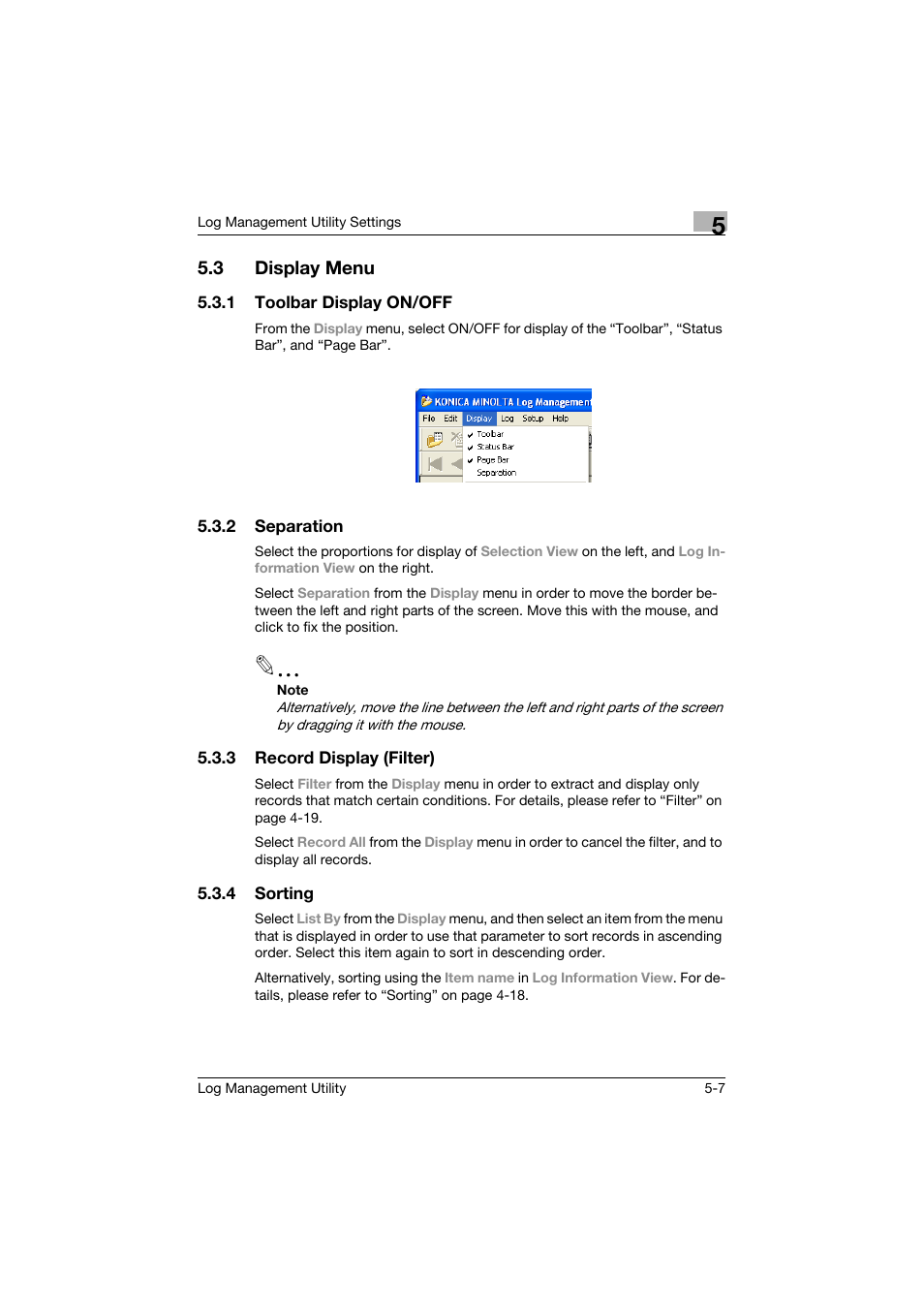 3 display menu, 1 toolbar display on/off, 2 separation | 3 record display (filter), 4 sorting, Display menu -7, Toolbar display on/off -7, Separation -7, Record display (filter) -7, Sorting -7 | Konica Minolta PageScope Log Management Utility User Manual | Page 56 / 76