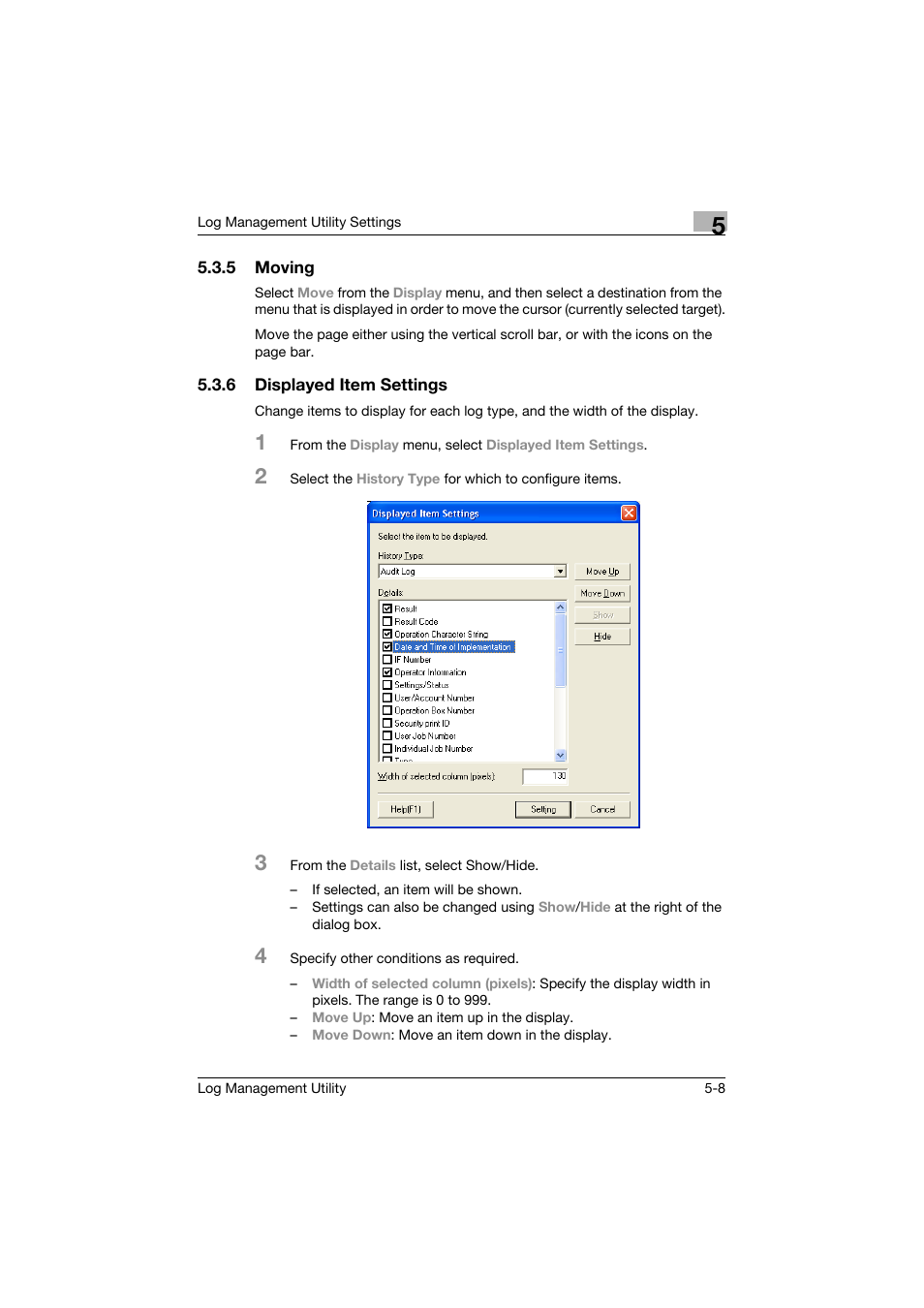 5 moving, 6 displayed item settings, Moving -8 | Displayed item settings -8 | Konica Minolta PageScope Log Management Utility User Manual | Page 57 / 76