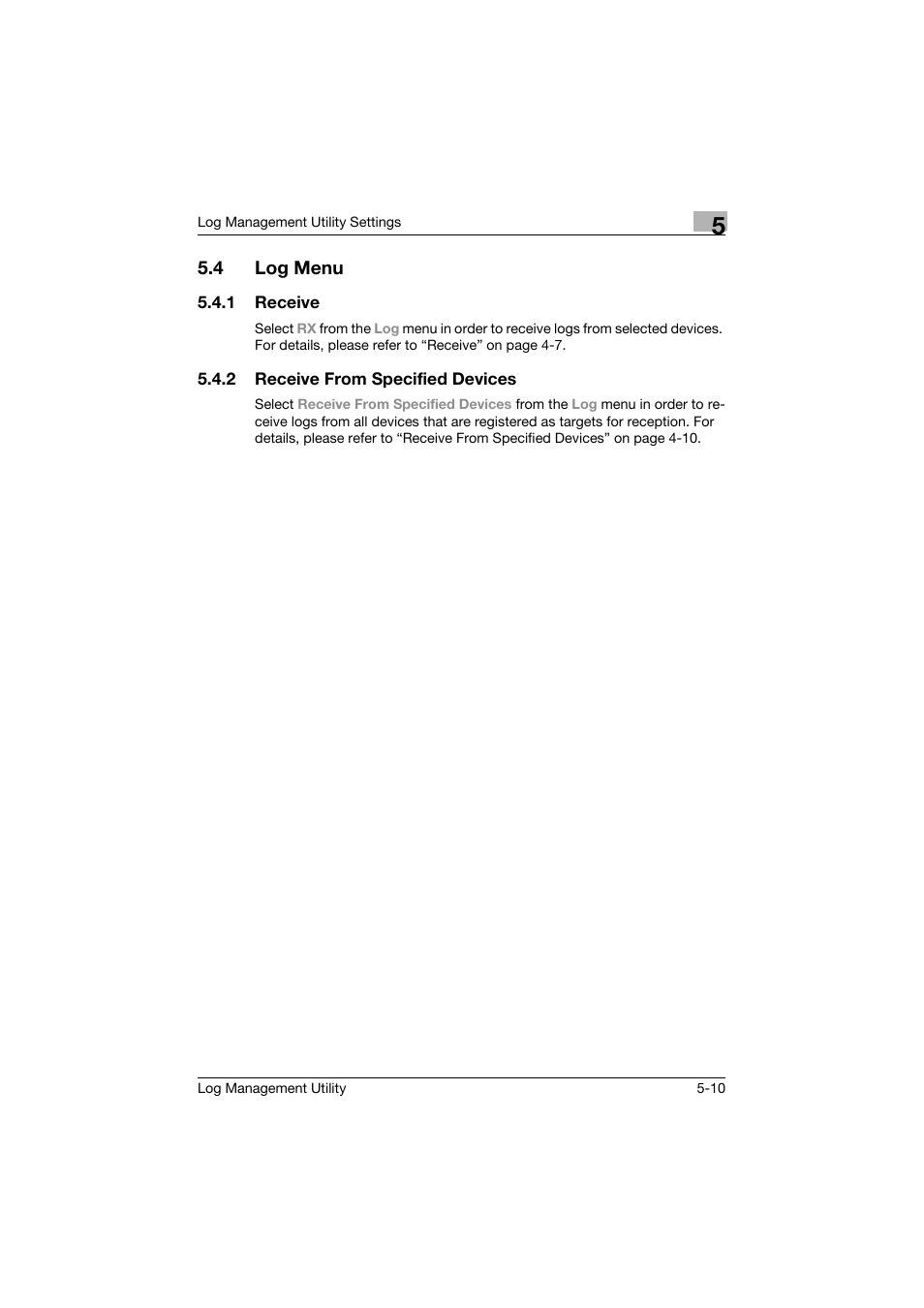 4 log menu, 1 receive, 2 receive from specified devices | Log menu -10, Receive -10, Receive from specified devices -10 | Konica Minolta PageScope Log Management Utility User Manual | Page 59 / 76