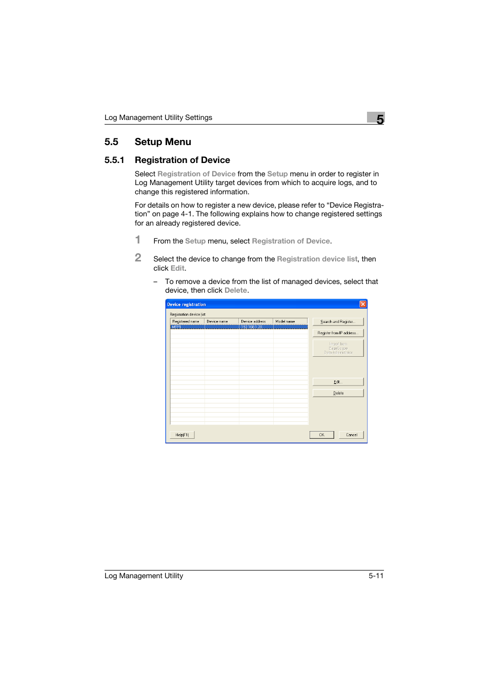 5 setup menu, 1 registration of device, Setup menu -11 | Registration of device -11 | Konica Minolta PageScope Log Management Utility User Manual | Page 60 / 76