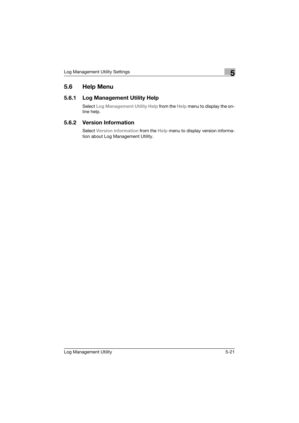 6 help menu, 1 log management utility help, 2 version information | Help menu -21, Log management utility help -21, Version information -21 | Konica Minolta PageScope Log Management Utility User Manual | Page 70 / 76