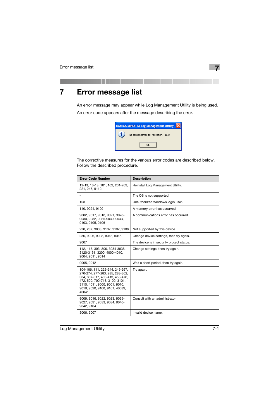 7 error message list, Error message list, 7error message list | Konica Minolta PageScope Log Management Utility User Manual | Page 74 / 76