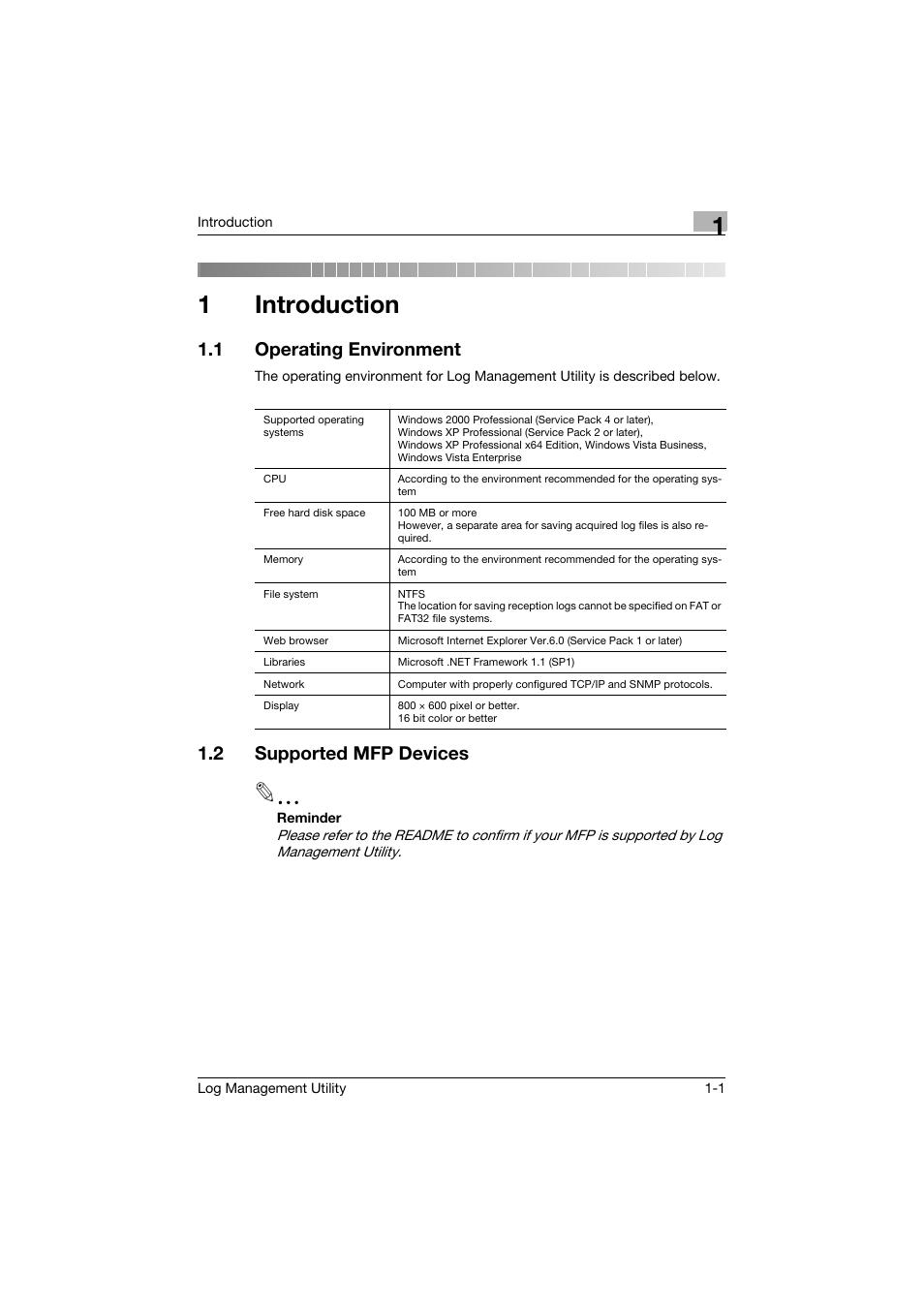1 introduction, 1 operating environment, 2 supported mfp devices | Introduction, Operating environment -1, Supported mfp devices -1, 1introduction | Konica Minolta PageScope Log Management Utility User Manual | Page 8 / 76