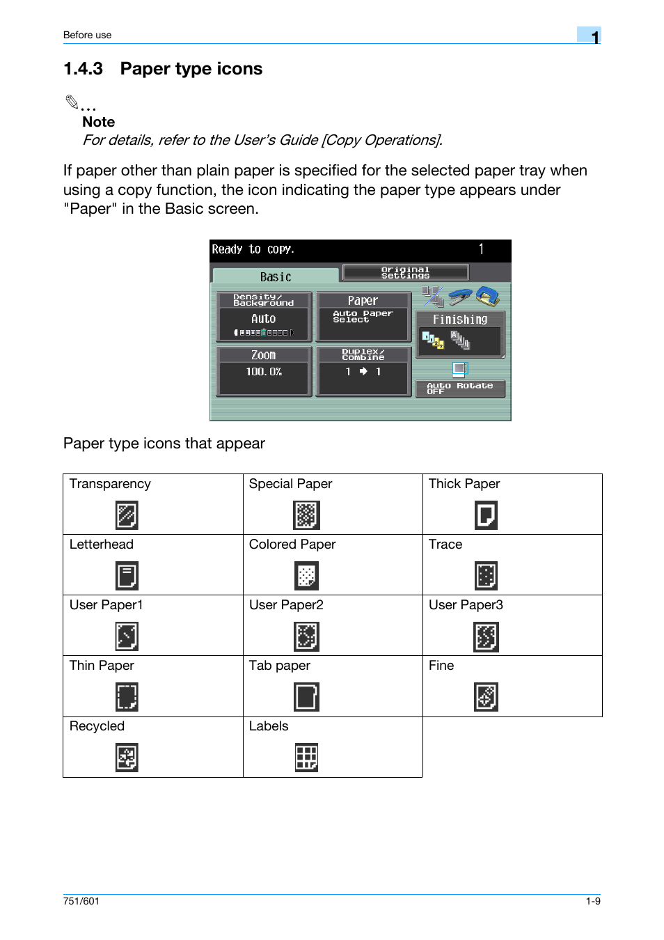 3 paper type icons, 3 paper type icons -9, 3 paper type icons 2 | Konica Minolta bizhub 601 User Manual | Page 15 / 101