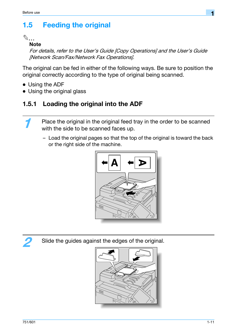 5 feeding the original, 1 loading the original into the adf, 5 feeding the original -11 | 1 loading the original into the adf -11 | Konica Minolta bizhub 601 User Manual | Page 17 / 101