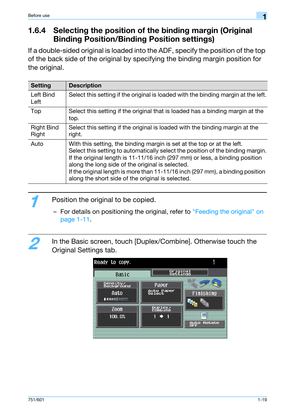 4 selecting the position of the binding margin | Konica Minolta bizhub 601 User Manual | Page 25 / 101