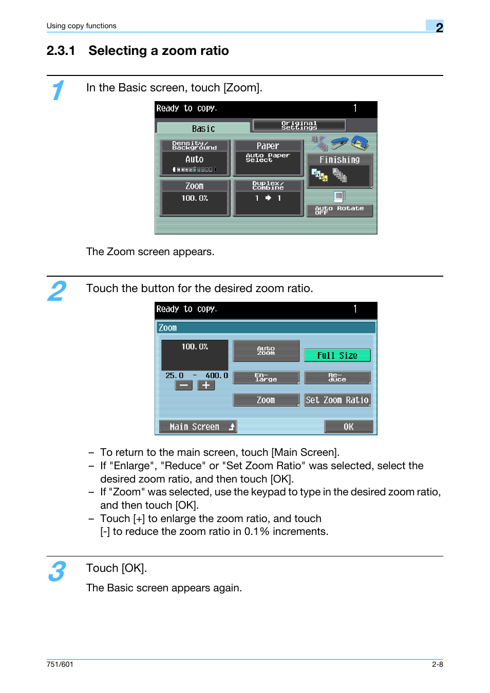 1 selecting a zoom ratio, 1 selecting a zoom ratio -8 | Konica Minolta bizhub 601 User Manual | Page 35 / 101