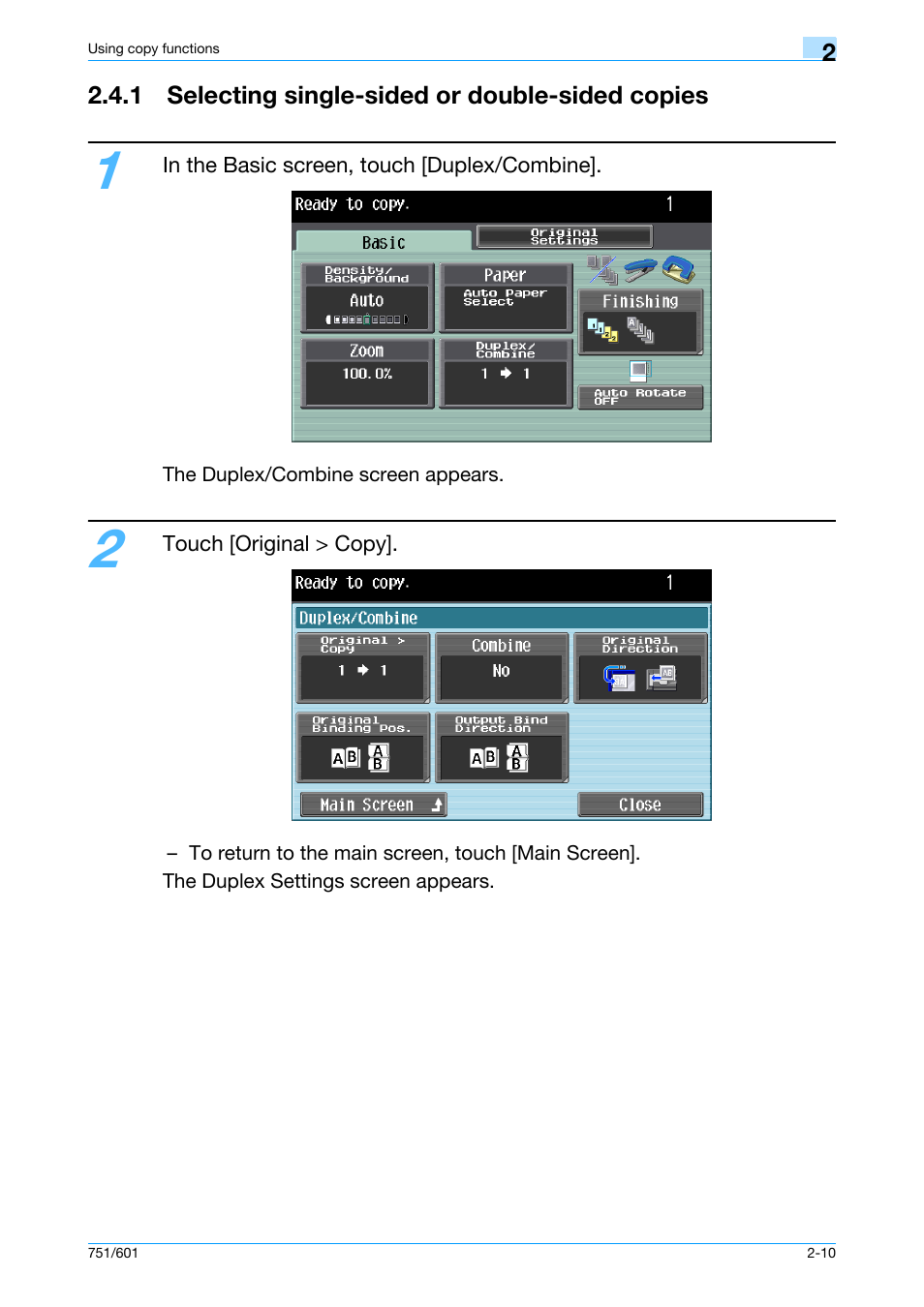 1 selecting single-sided or double-sided copies | Konica Minolta bizhub 601 User Manual | Page 37 / 101