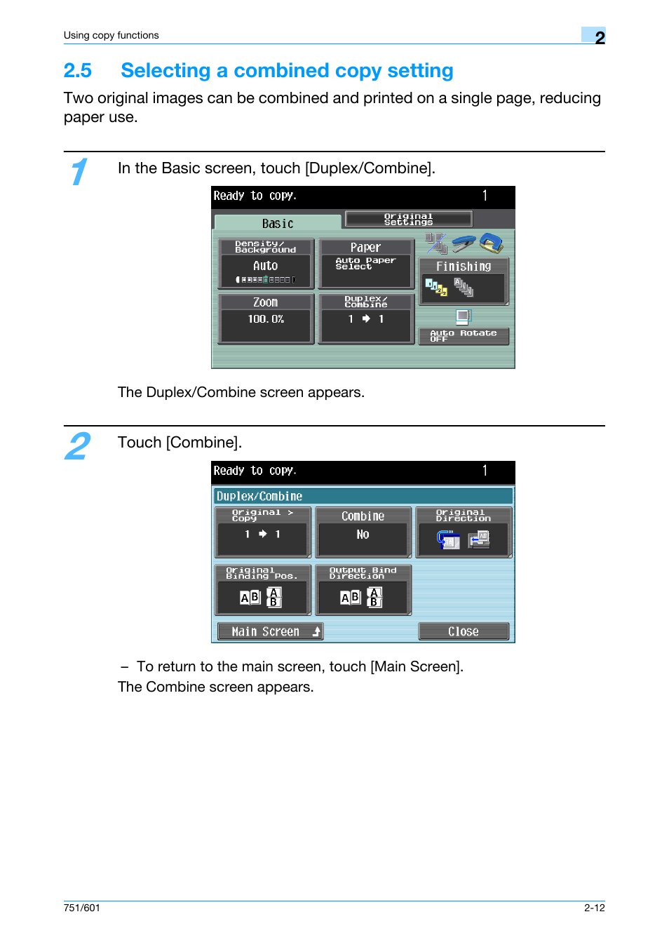 5 selecting a combined copy setting, 5 selecting a combined copy setting -12, Fer to | Konica Minolta bizhub 601 User Manual | Page 39 / 101