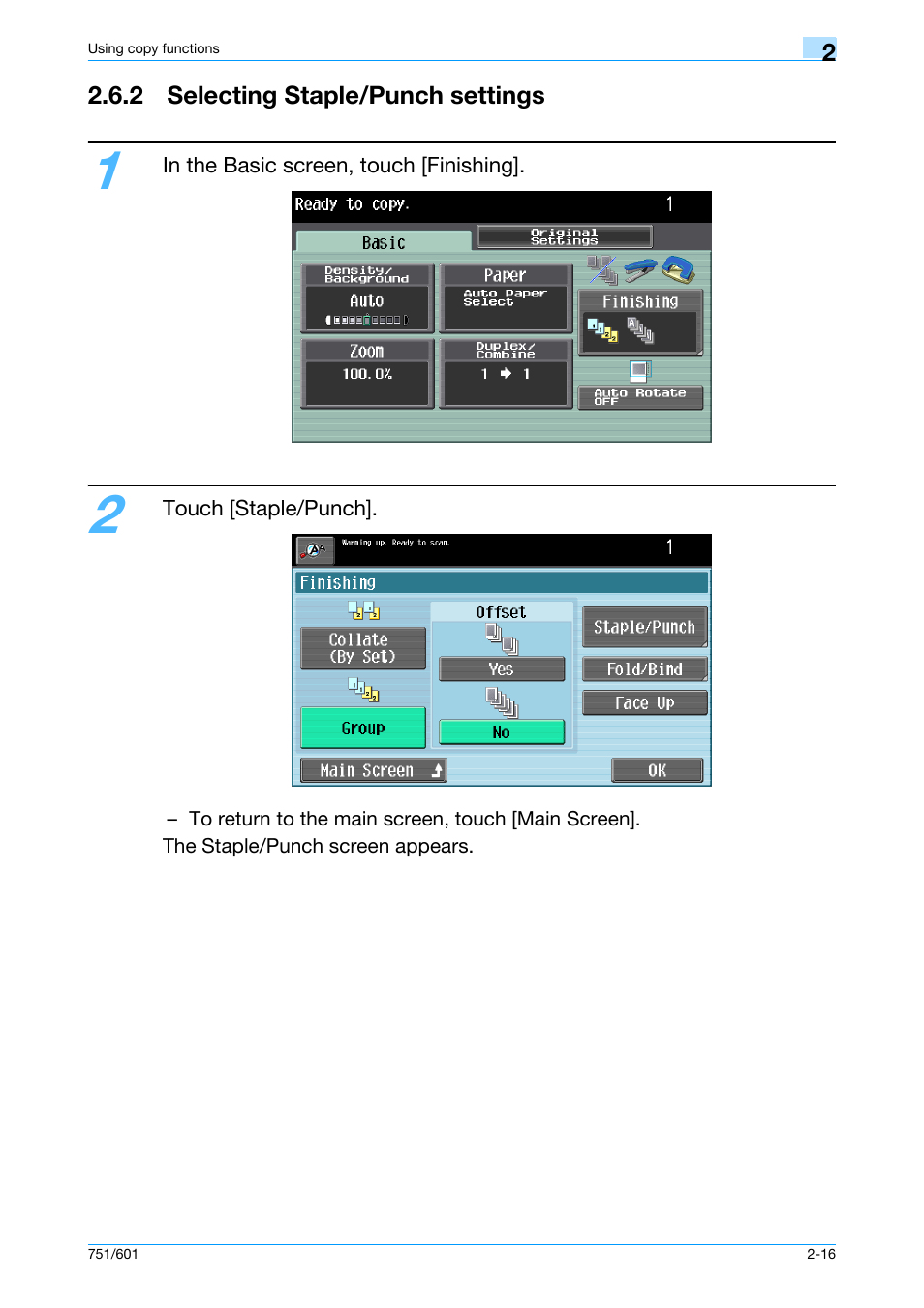 2 selecting staple/punch settings, 2 selecting staple/punch settings -16 | Konica Minolta bizhub 601 User Manual | Page 43 / 101