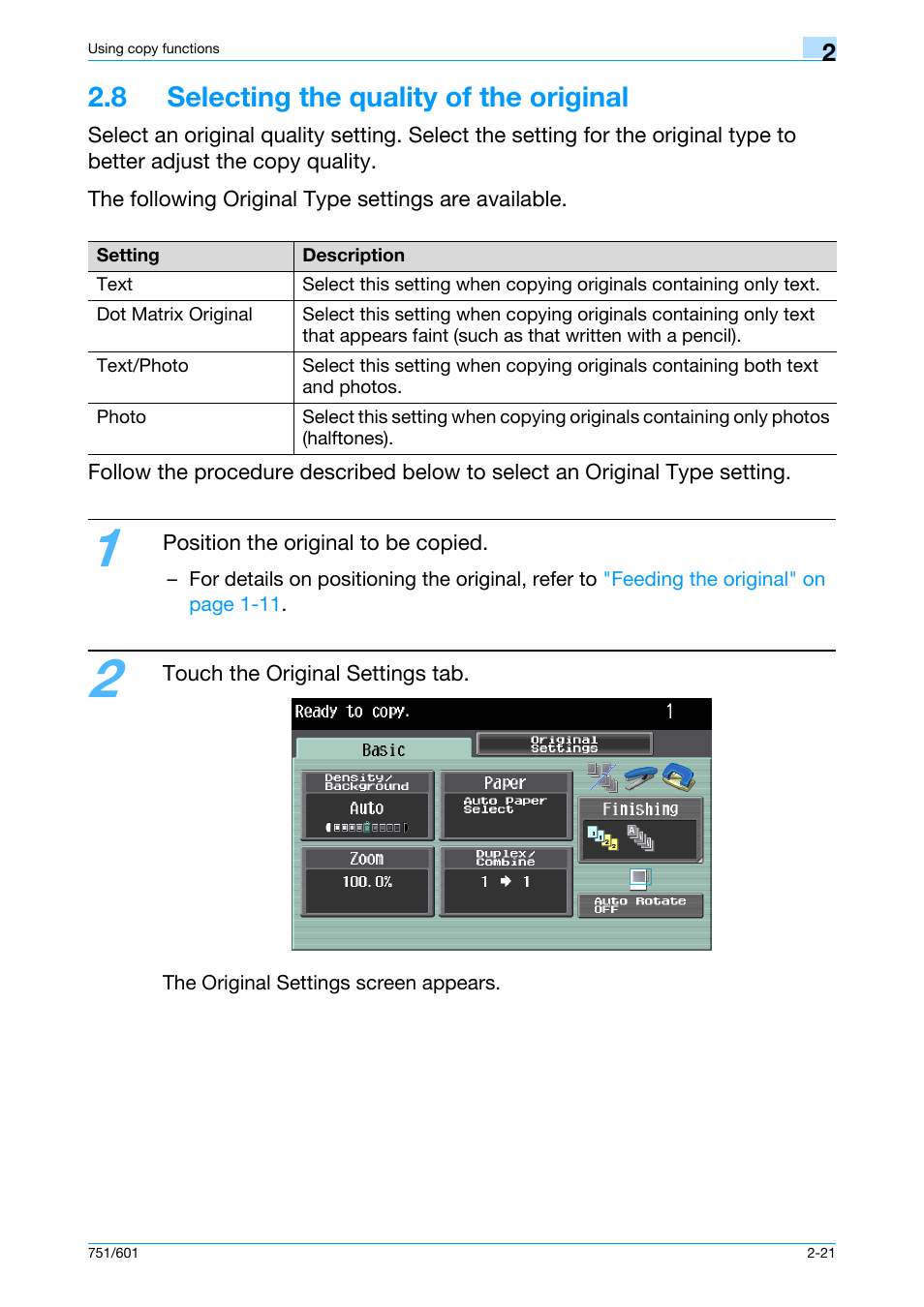 8 selecting the quality of the original, 8 selecting the quality of the original -21, Iginal image quality, refer to | Konica Minolta bizhub 601 User Manual | Page 48 / 101