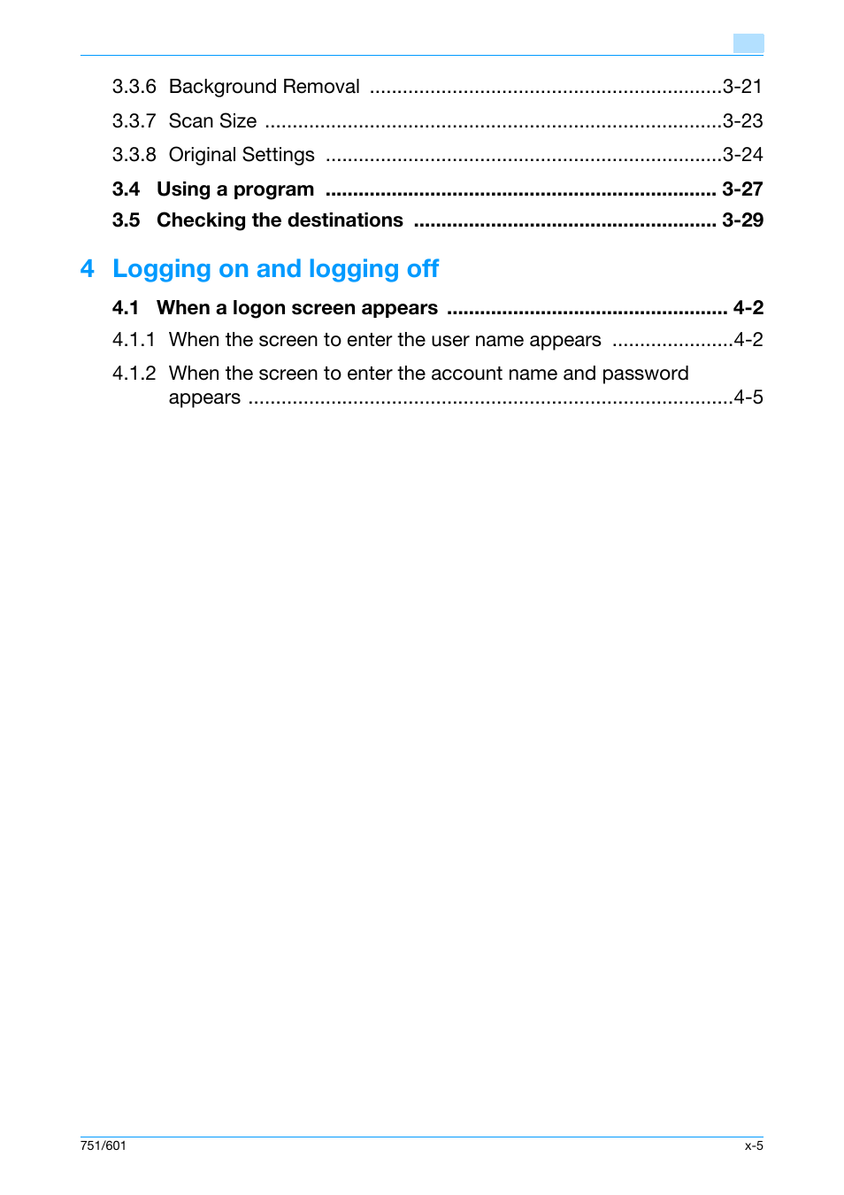 4 logging on and logging off | Konica Minolta bizhub 601 User Manual | Page 6 / 101