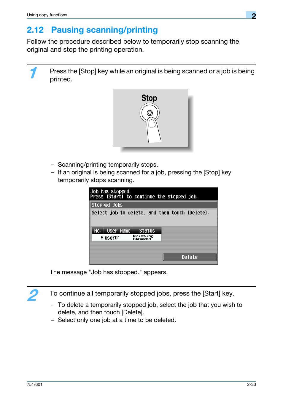 12 pausing scanning/printing, 12 pausing scanning/printing -33 | Konica Minolta bizhub 601 User Manual | Page 60 / 101