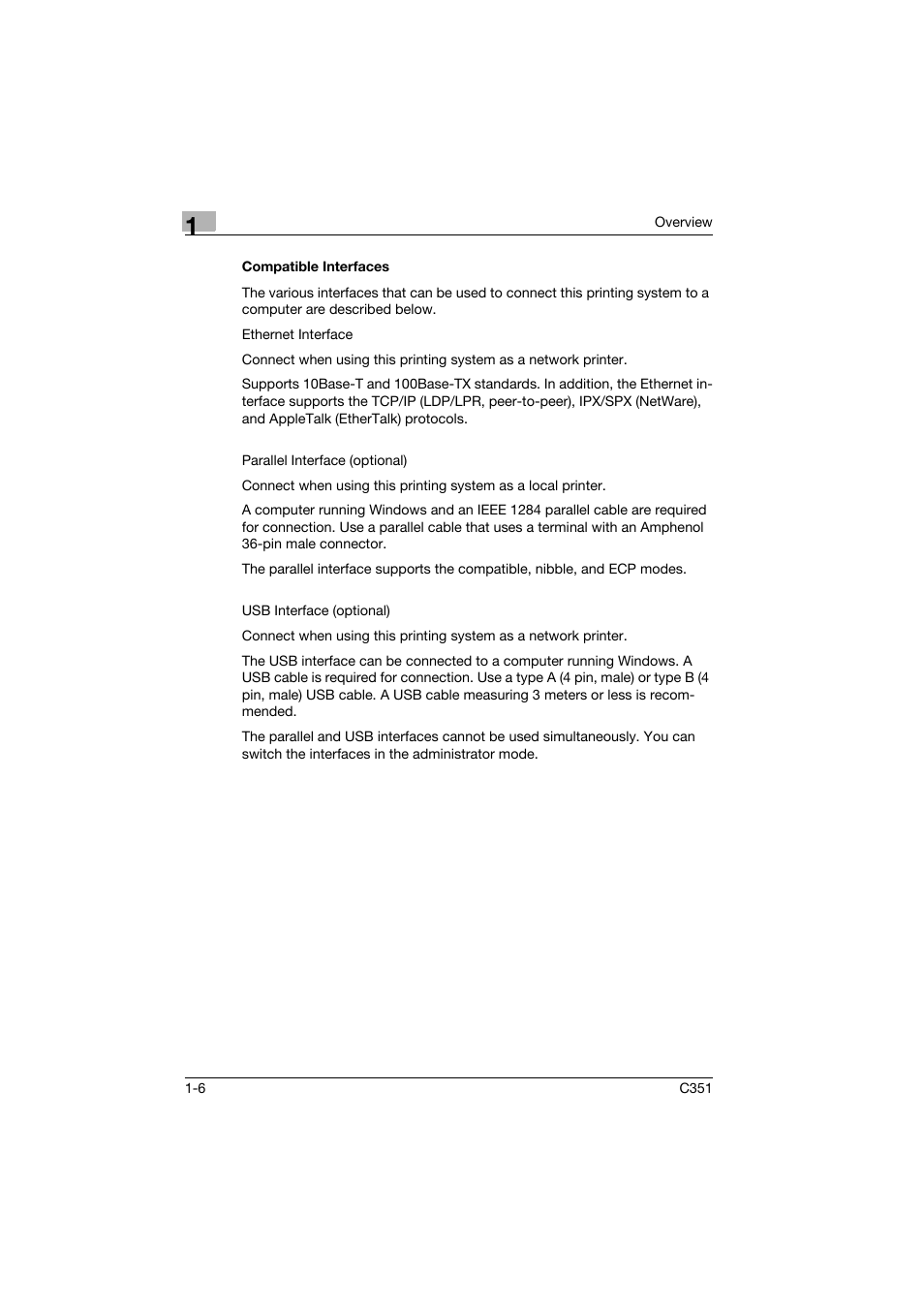 Compatible interfaces, Compatible interfaces -6 | Konica Minolta BIZHUB C351 User Manual | Page 19 / 94