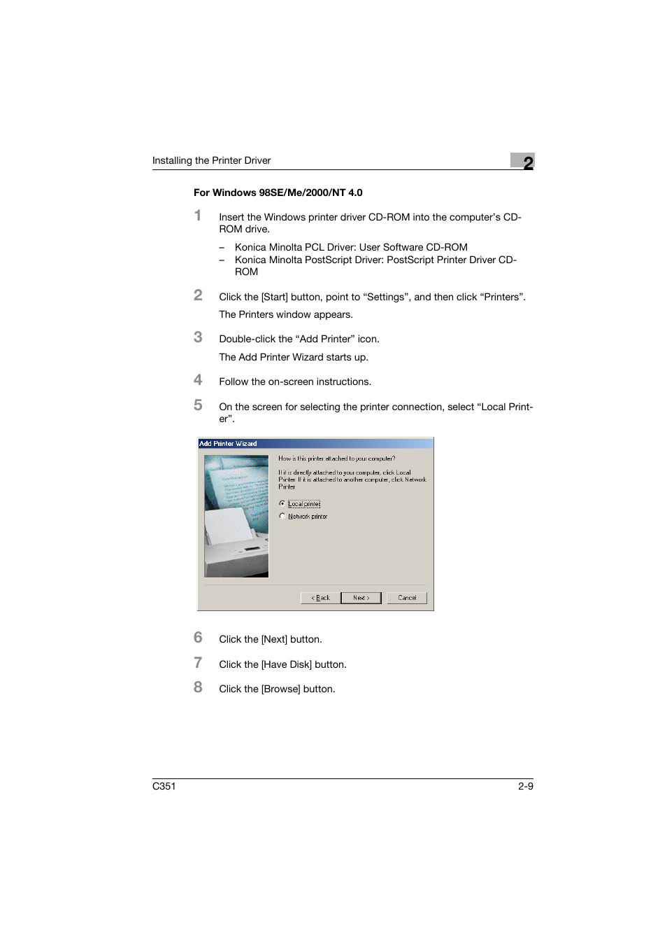 For windows 98se/me/2000/nt 4.0, For windows 98se/me/2000/nt 4.0 -9 | Konica Minolta BIZHUB C351 User Manual | Page 32 / 94