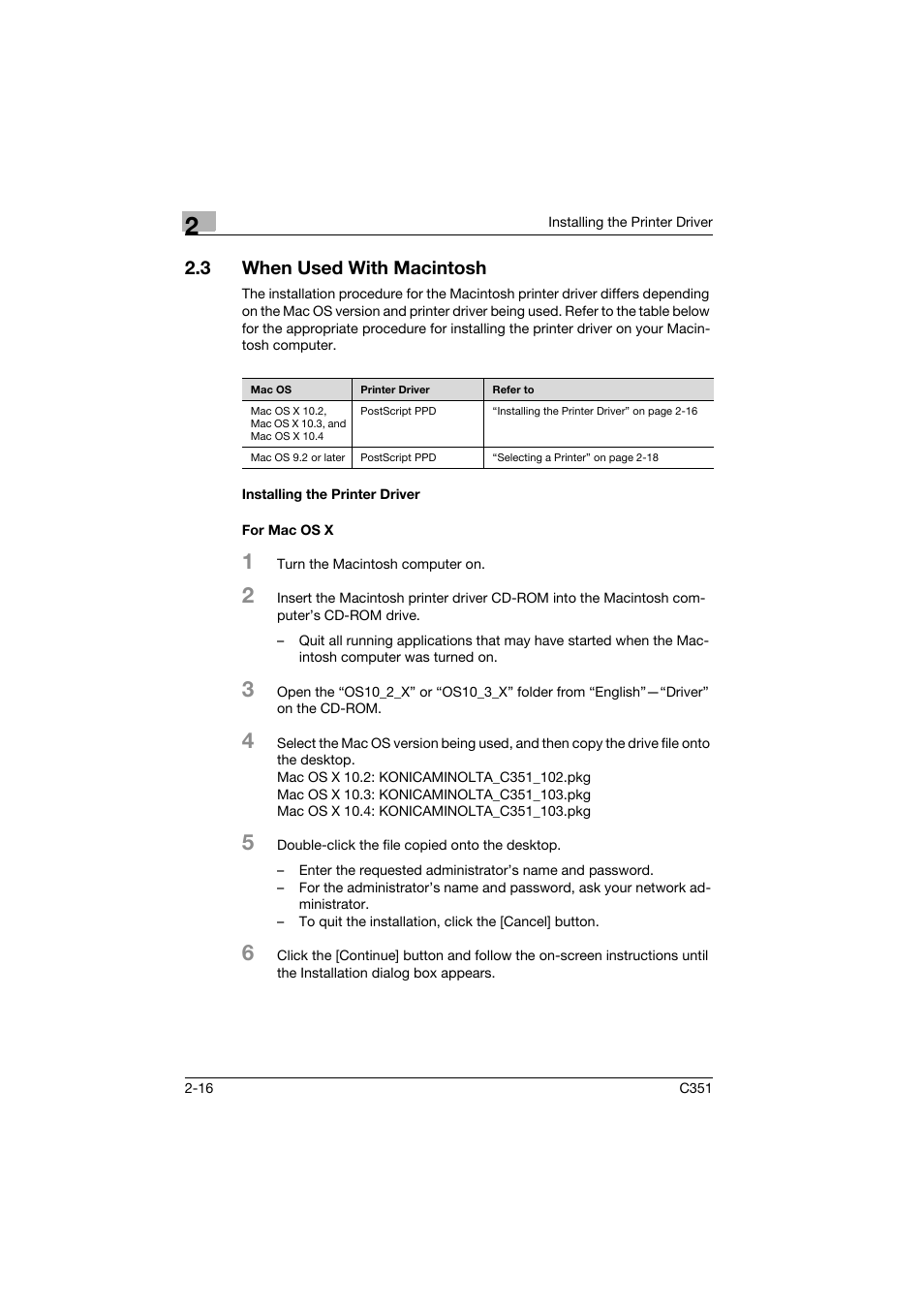 3 when used with macintosh, Installing the printer driver, For mac os x | When used with macintosh -16, Installing the printer driver -16, For mac os x -16 | Konica Minolta BIZHUB C351 User Manual | Page 39 / 94