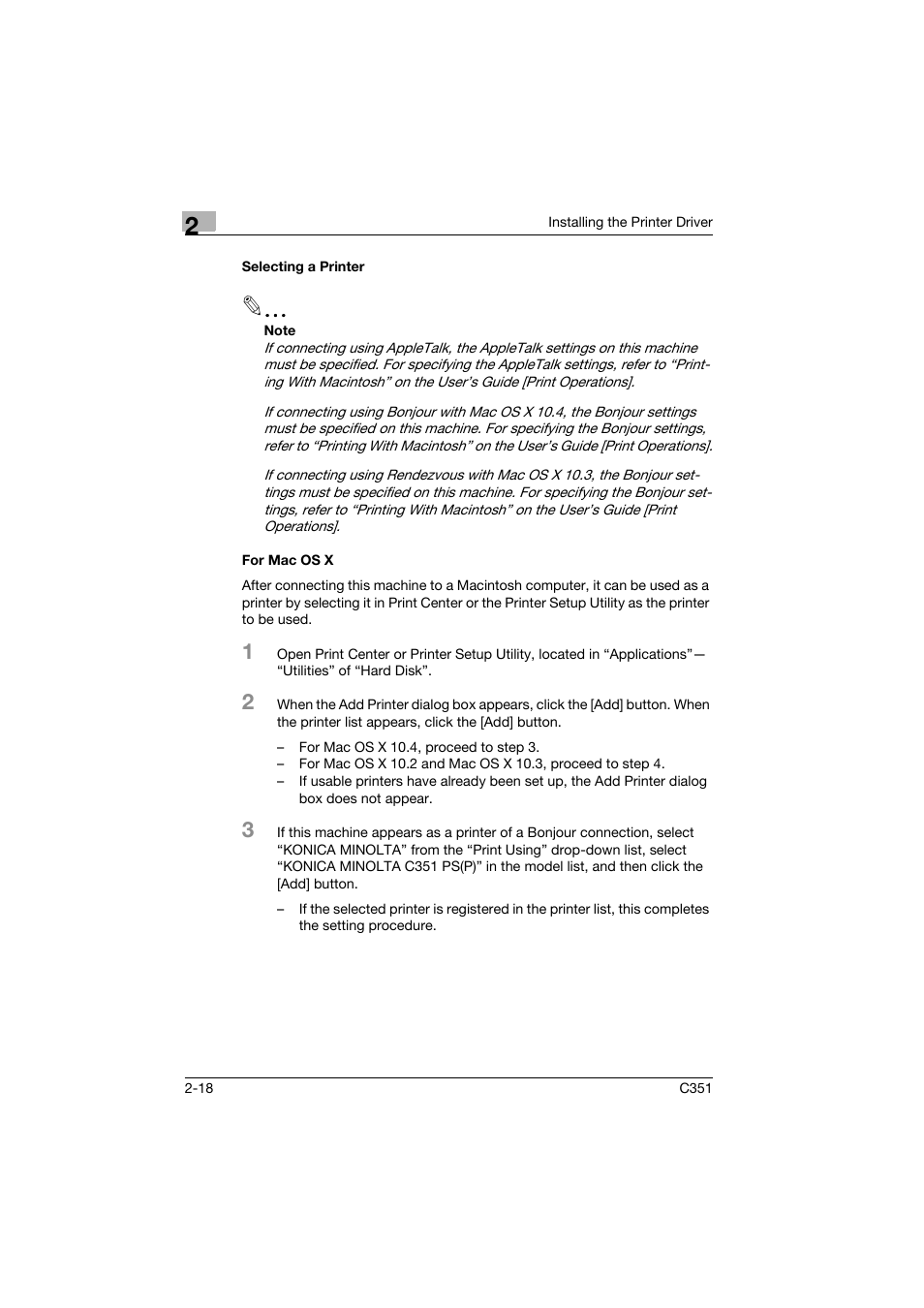 Selecting a printer, For mac os x, Selecting a printer -18 for mac os x -18 | Konica Minolta BIZHUB C351 User Manual | Page 41 / 94