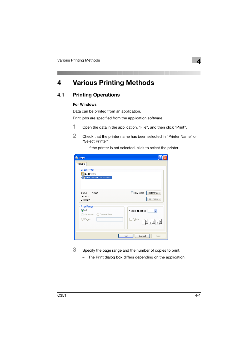 4 various printing methods, 1 printing operations, For windows | Various printing methods, Printing operations -1, For windows -1, 4various printing methods | Konica Minolta BIZHUB C351 User Manual | Page 54 / 94