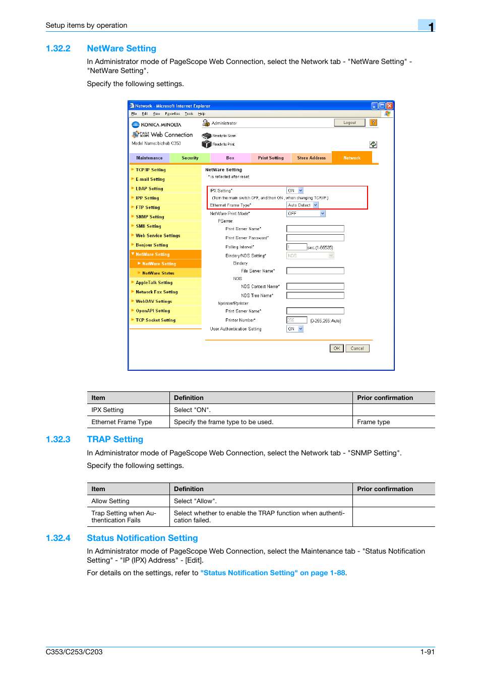 2 netware setting, 3 trap setting, 4 status notification setting | Netware setting -91, Trap setting -91, Status notification setting -91, Netware setting, Trap setting, Status notification setting | Konica Minolta bizhub C353 User Manual | Page 104 / 220