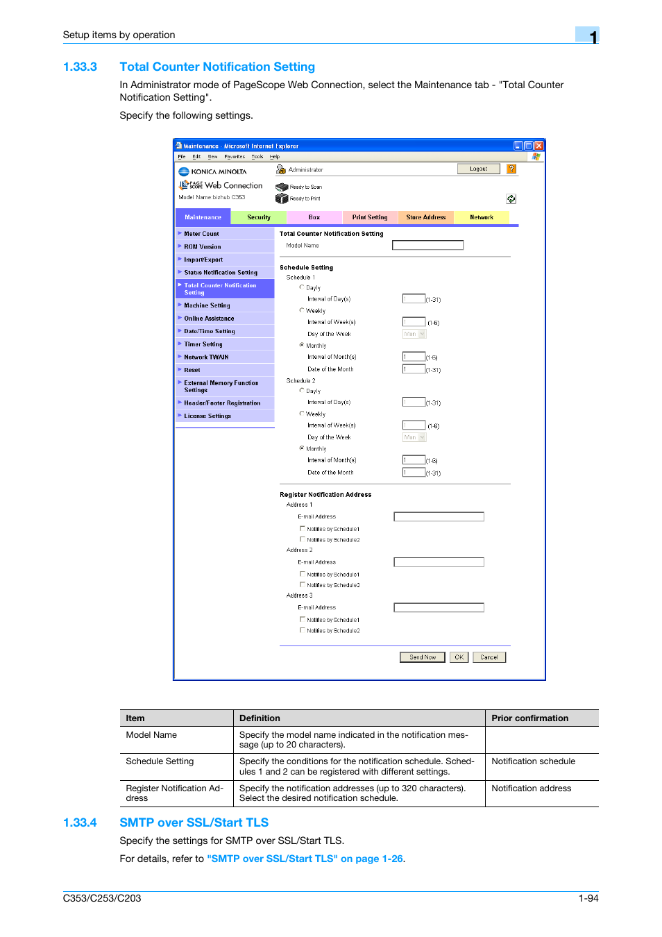 3 total counter notification setting, 4 smtp over ssl/start tls, Total counter notification setting -94 | Smtp over ssl/start tls -94, Total counter notification, Setting, Smtp over ssl/start tls | Konica Minolta bizhub C353 User Manual | Page 107 / 220