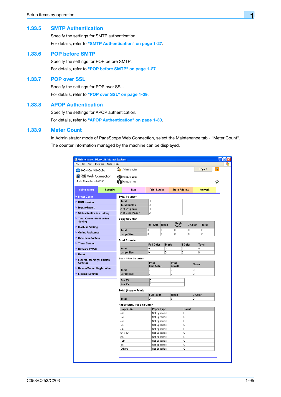 5 smtp authentication, 6 pop before smtp, 7 pop over ssl | 8 apop authentication, 9 meter count, Smtp authentication -95, Pop before smtp -95, Pop over ssl -95, Apop authentication -95, Meter count -95 | Konica Minolta bizhub C353 User Manual | Page 108 / 220