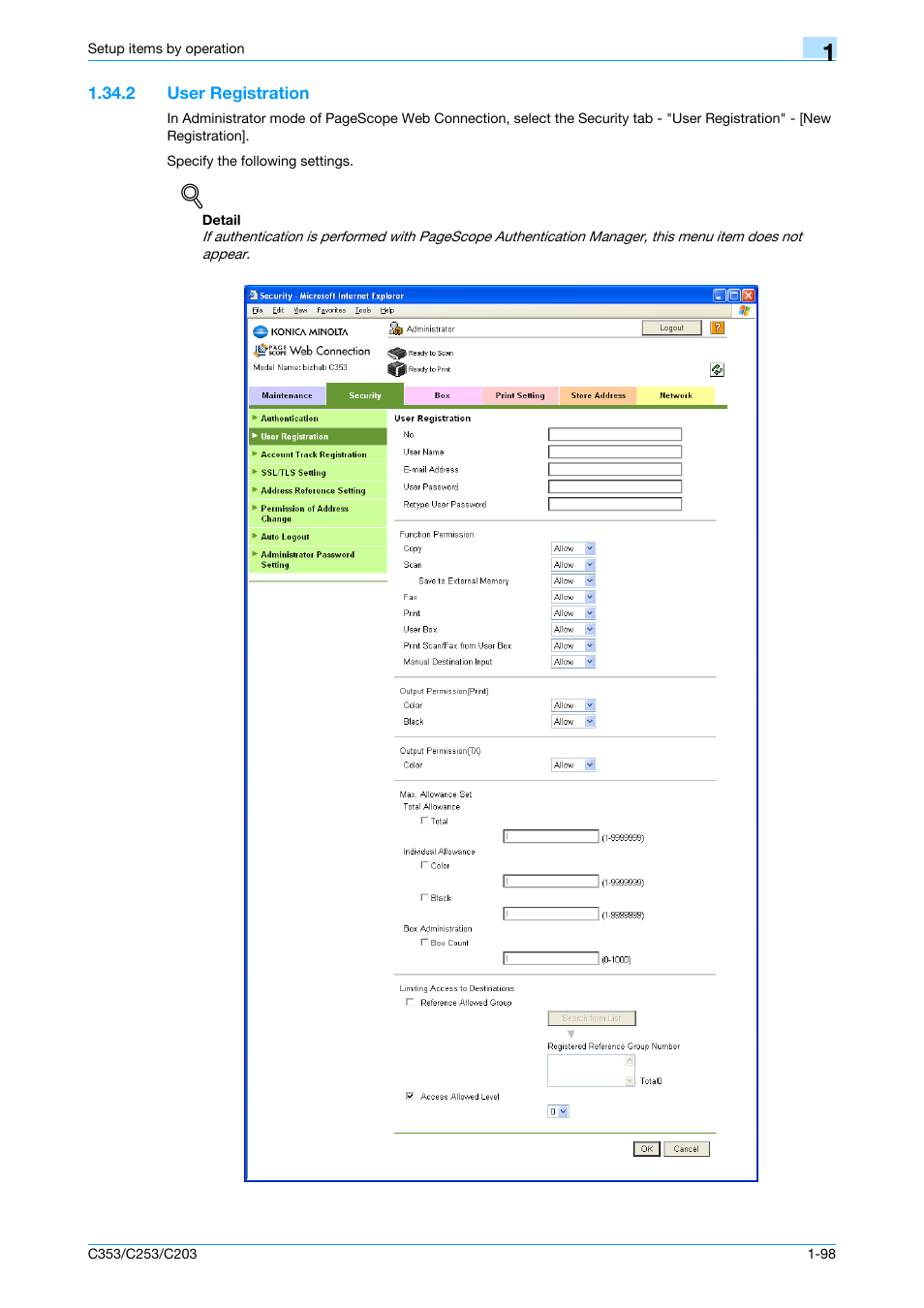 2 user registration, User registration -98, User registration | Konica Minolta bizhub C353 User Manual | Page 111 / 220