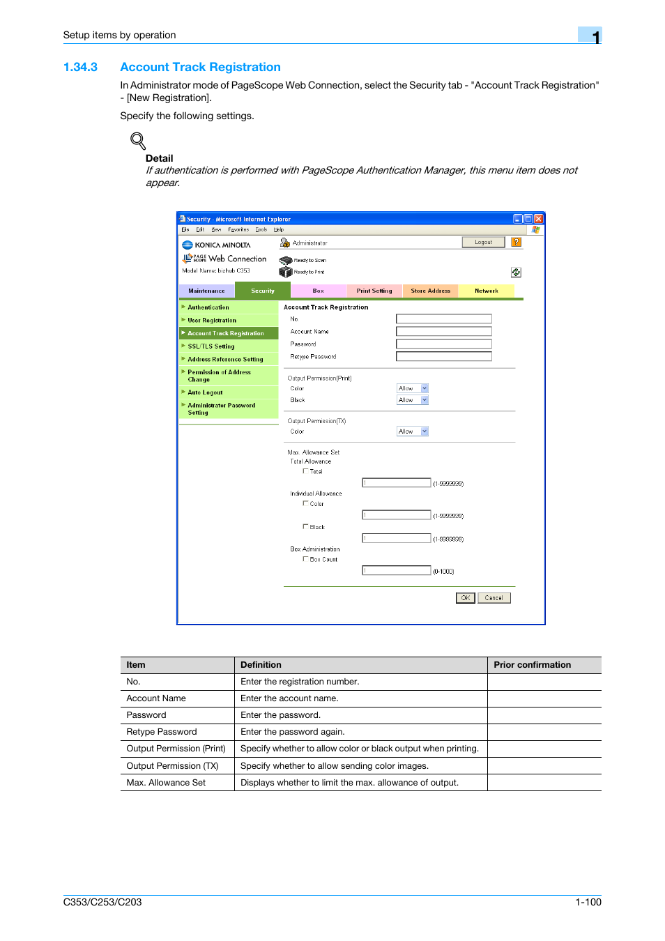 3 account track registration, Account track registration -100, Account track registration | Konica Minolta bizhub C353 User Manual | Page 113 / 220