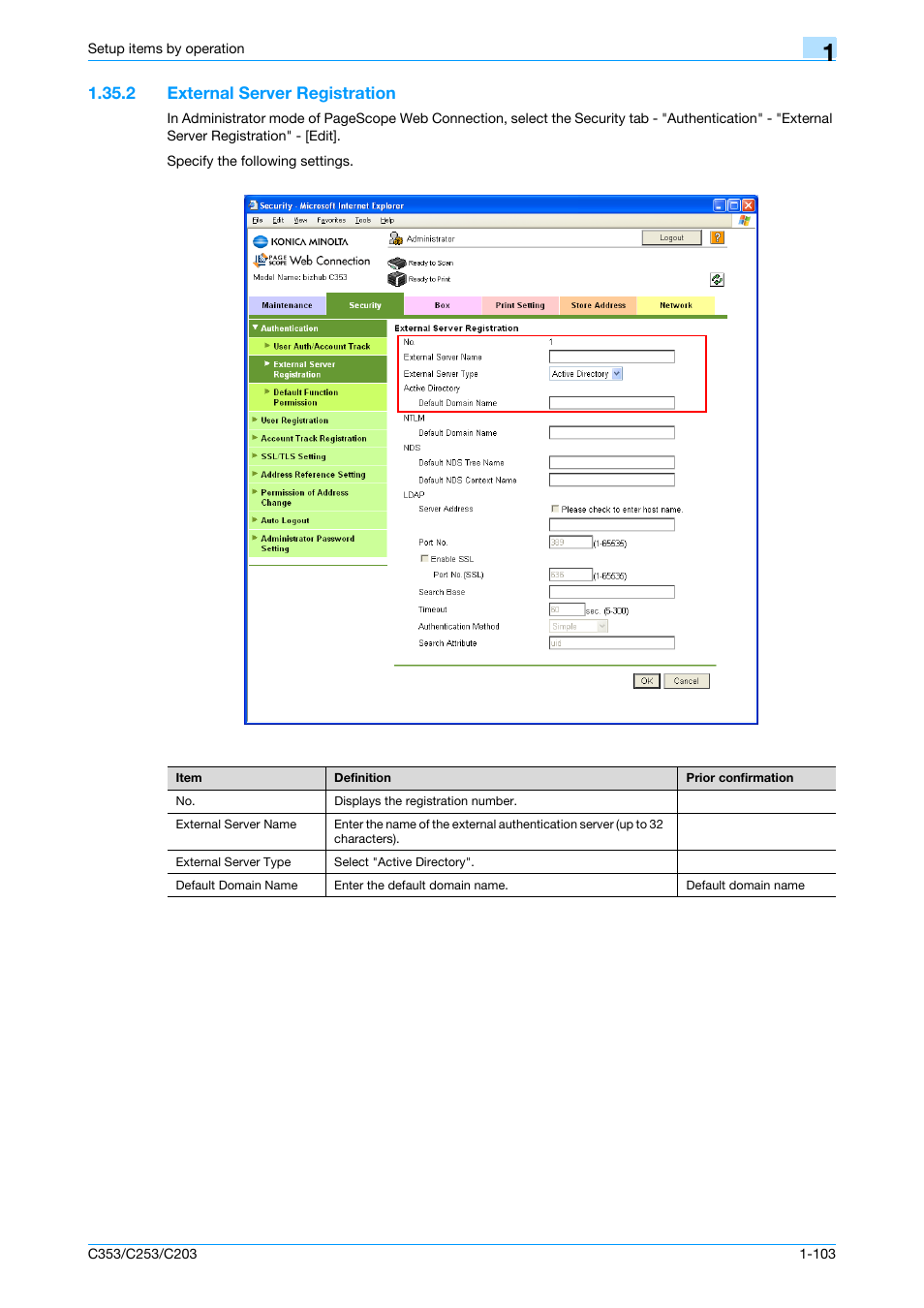 2 external server registration, External server registration -103, External server registration | Konica Minolta bizhub C353 User Manual | Page 116 / 220