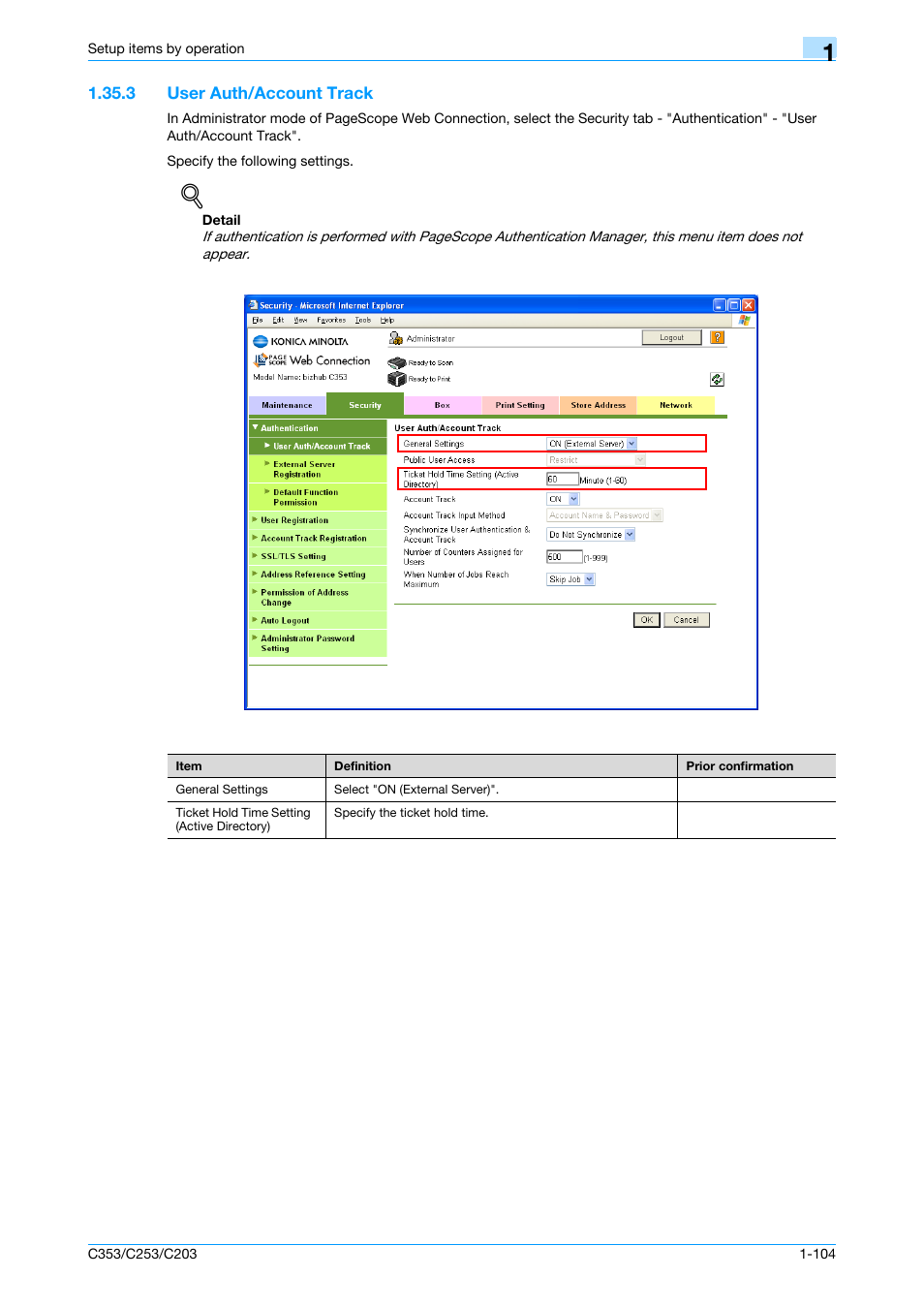 3 user auth/account track, User auth/account track -104, User auth/account track | Konica Minolta bizhub C353 User Manual | Page 117 / 220