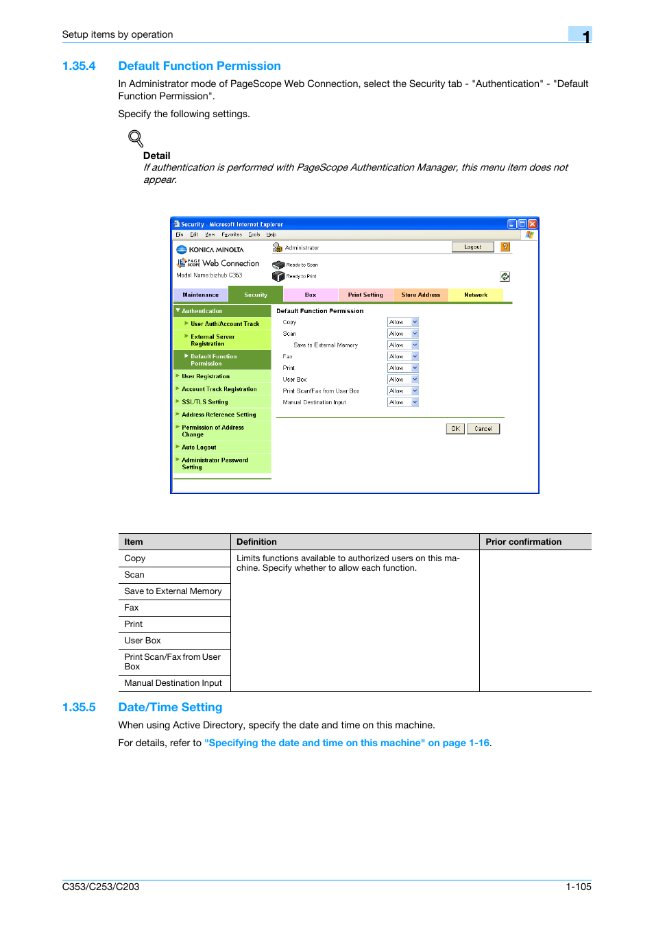 4 default function permission, 5 date/time setting, Default function permission -105 | Date/time setting -105, Default function permission, Date/time setting | Konica Minolta bizhub C353 User Manual | Page 118 / 220