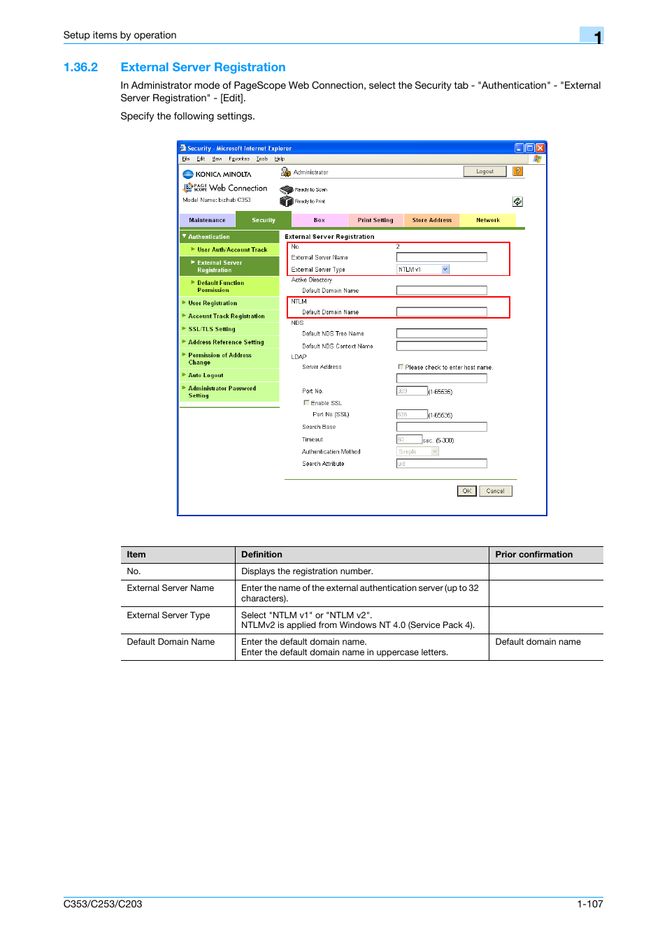 2 external server registration, External server registration -107, External server registration | Konica Minolta bizhub C353 User Manual | Page 120 / 220