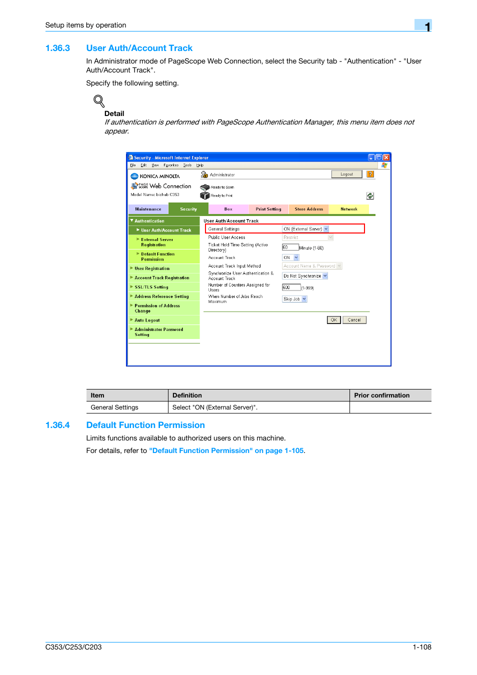 3 user auth/account track, 4 default function permission, User auth/account track -108 | Default function permission -108, User auth/account track, Default function permission | Konica Minolta bizhub C353 User Manual | Page 121 / 220