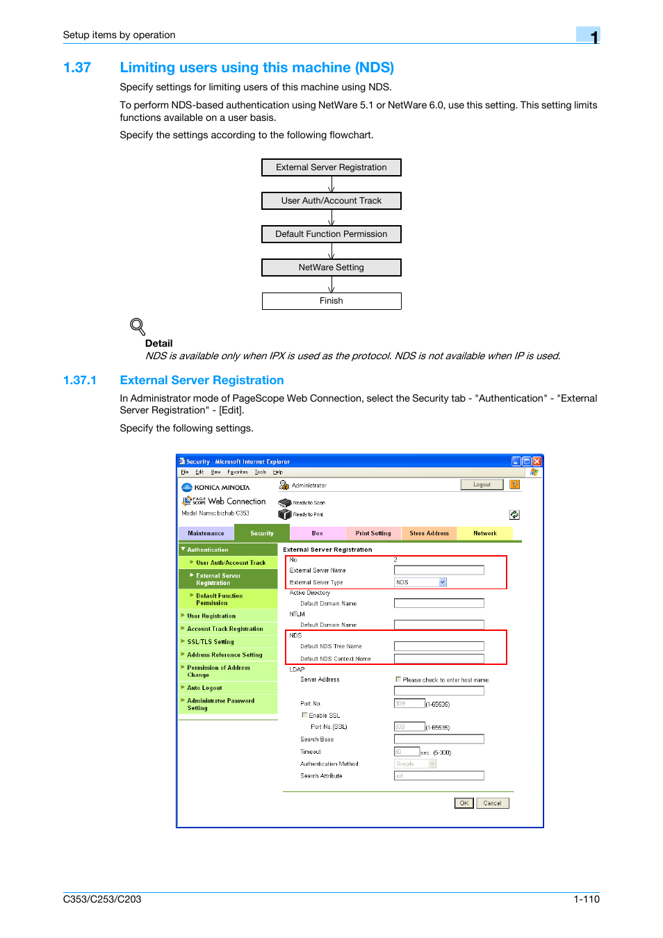 37 limiting users using this machine (nds), 1 external server registration, Limiting users using this machine (nds) -110 | External server registration -110 | Konica Minolta bizhub C353 User Manual | Page 123 / 220