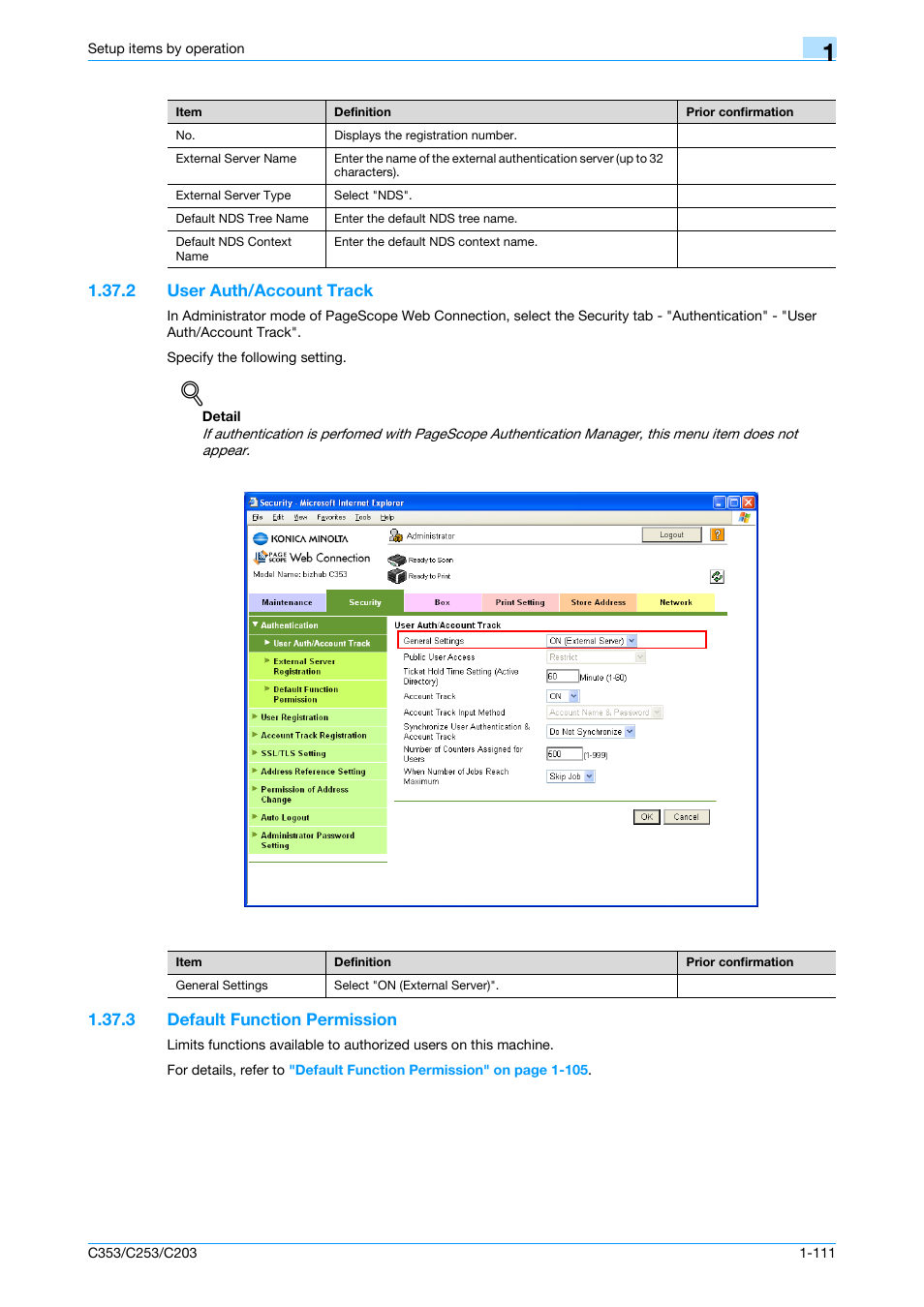 2 user auth/account track, 3 default function permission, User auth/account track -111 | Default function permission -111, User auth/account track, Default function permission | Konica Minolta bizhub C353 User Manual | Page 124 / 220