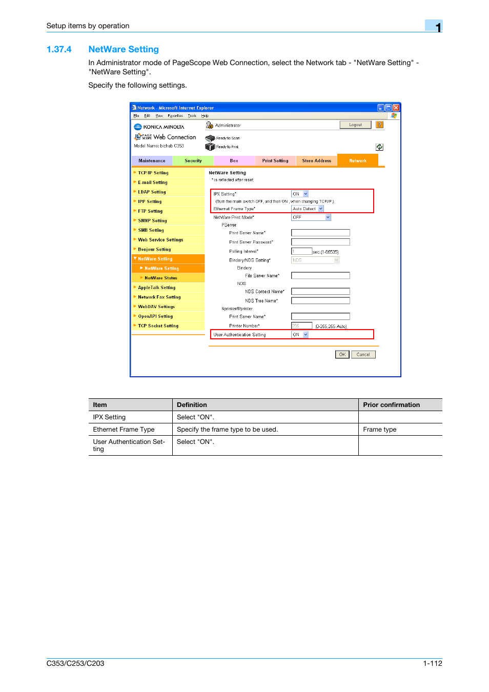 4 netware setting, Netware setting -112, Netware setting | Konica Minolta bizhub C353 User Manual | Page 125 / 220