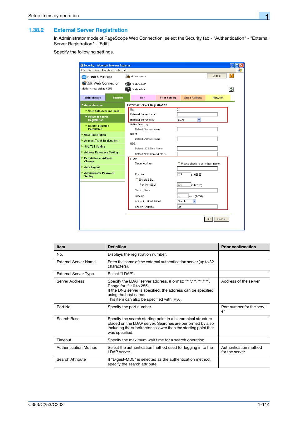 2 external server registration, External server registration -114, External server registration | Konica Minolta bizhub C353 User Manual | Page 127 / 220