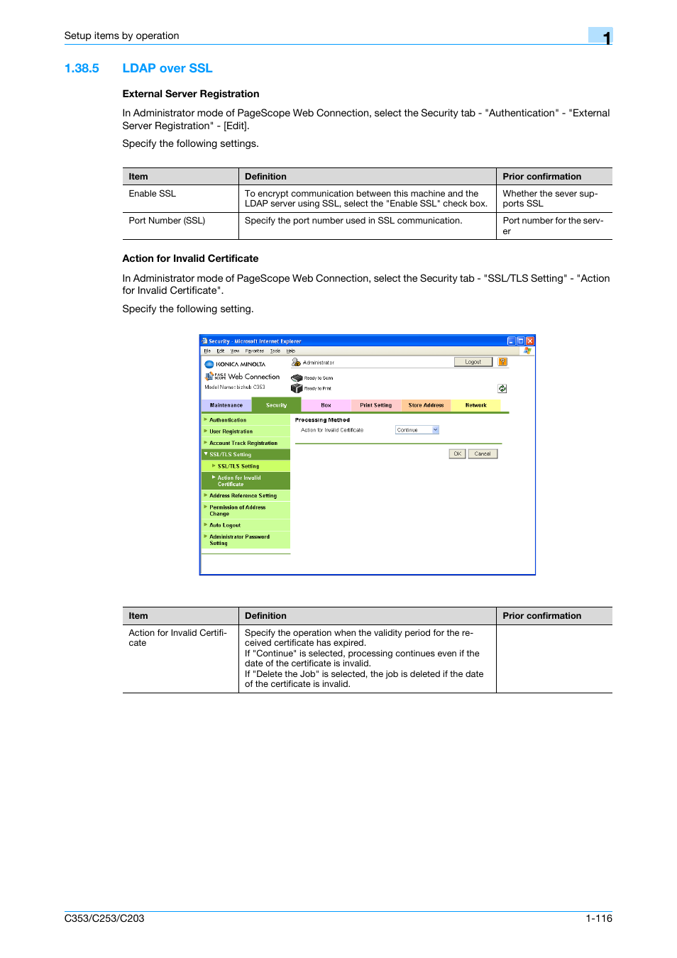 5 ldap over ssl, External server registration, Action for invalid certificate | Ldap over ssl | Konica Minolta bizhub C353 User Manual | Page 129 / 220