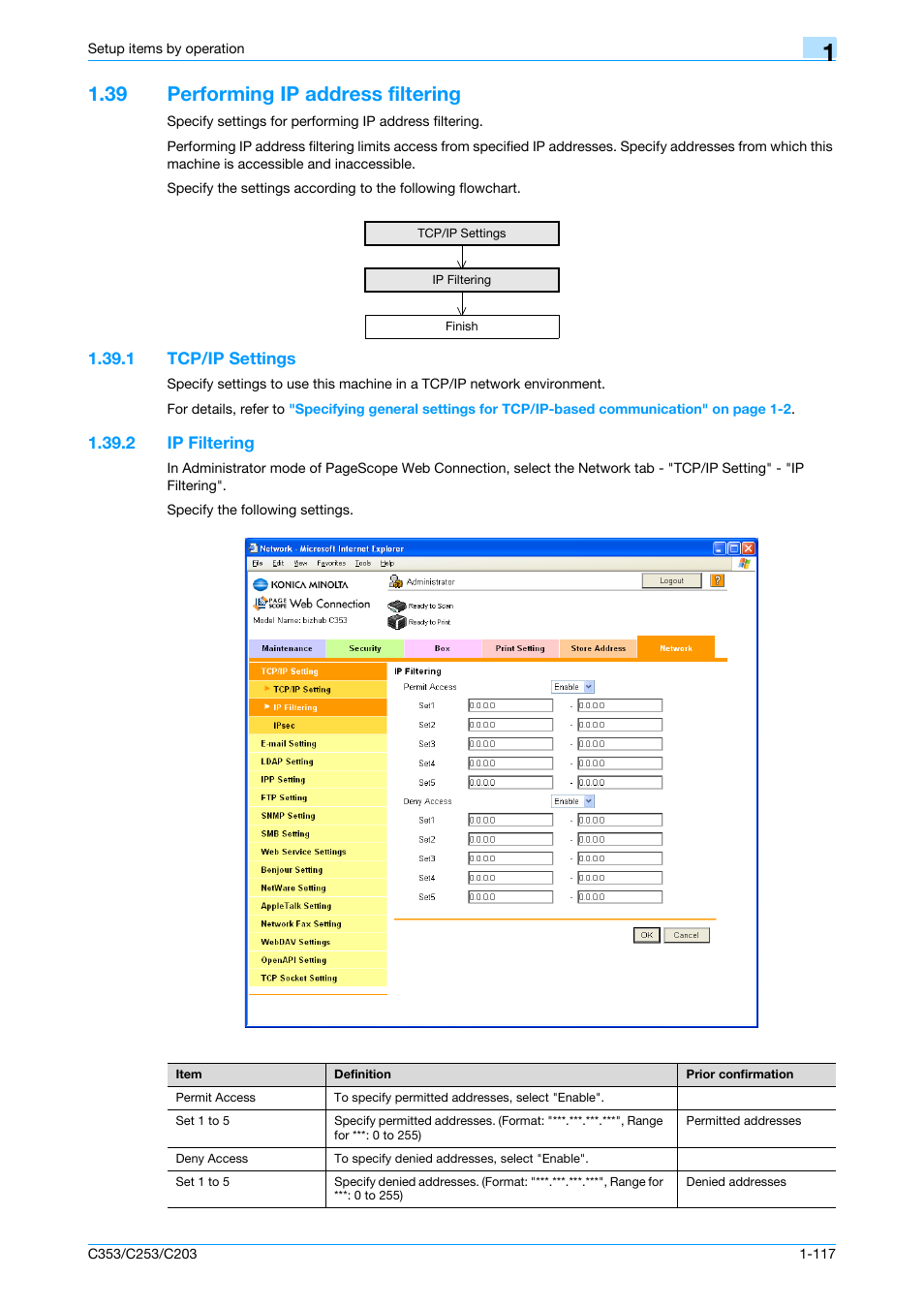 39 performing ip address filtering, 1 tcp/ip settings, 2 ip filtering | Performing ip address filtering -117, Tcp/ip settings -117, Ip filtering -117 | Konica Minolta bizhub C353 User Manual | Page 130 / 220