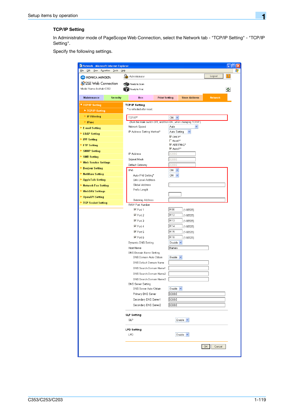 Tcp/ip setting, Tcp/ip setting -119 | Konica Minolta bizhub C353 User Manual | Page 132 / 220