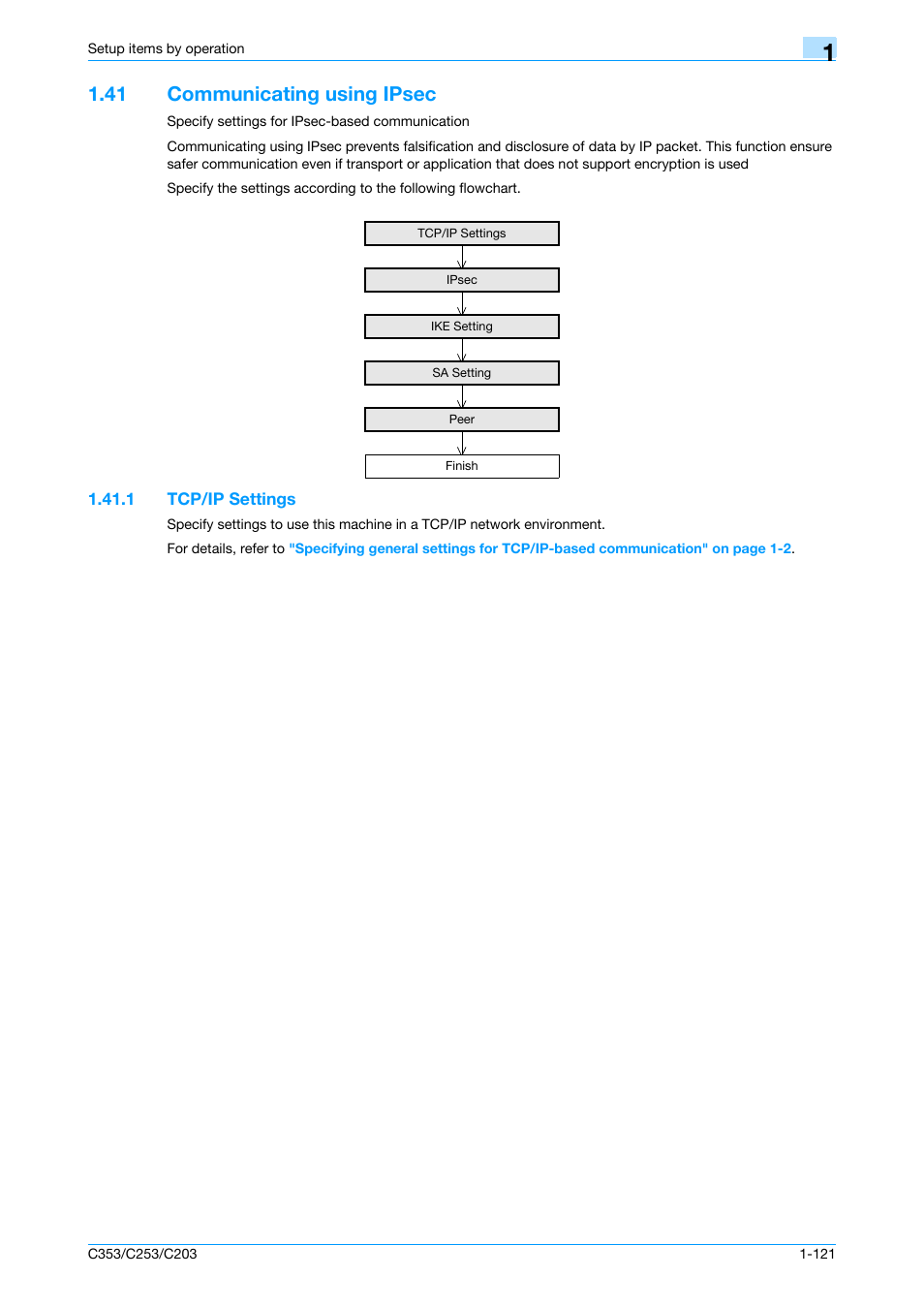 41 communicating using ipsec, 1 tcp/ip settings, Communicating using ipsec -121 | Tcp/ip settings -121 | Konica Minolta bizhub C353 User Manual | Page 134 / 220