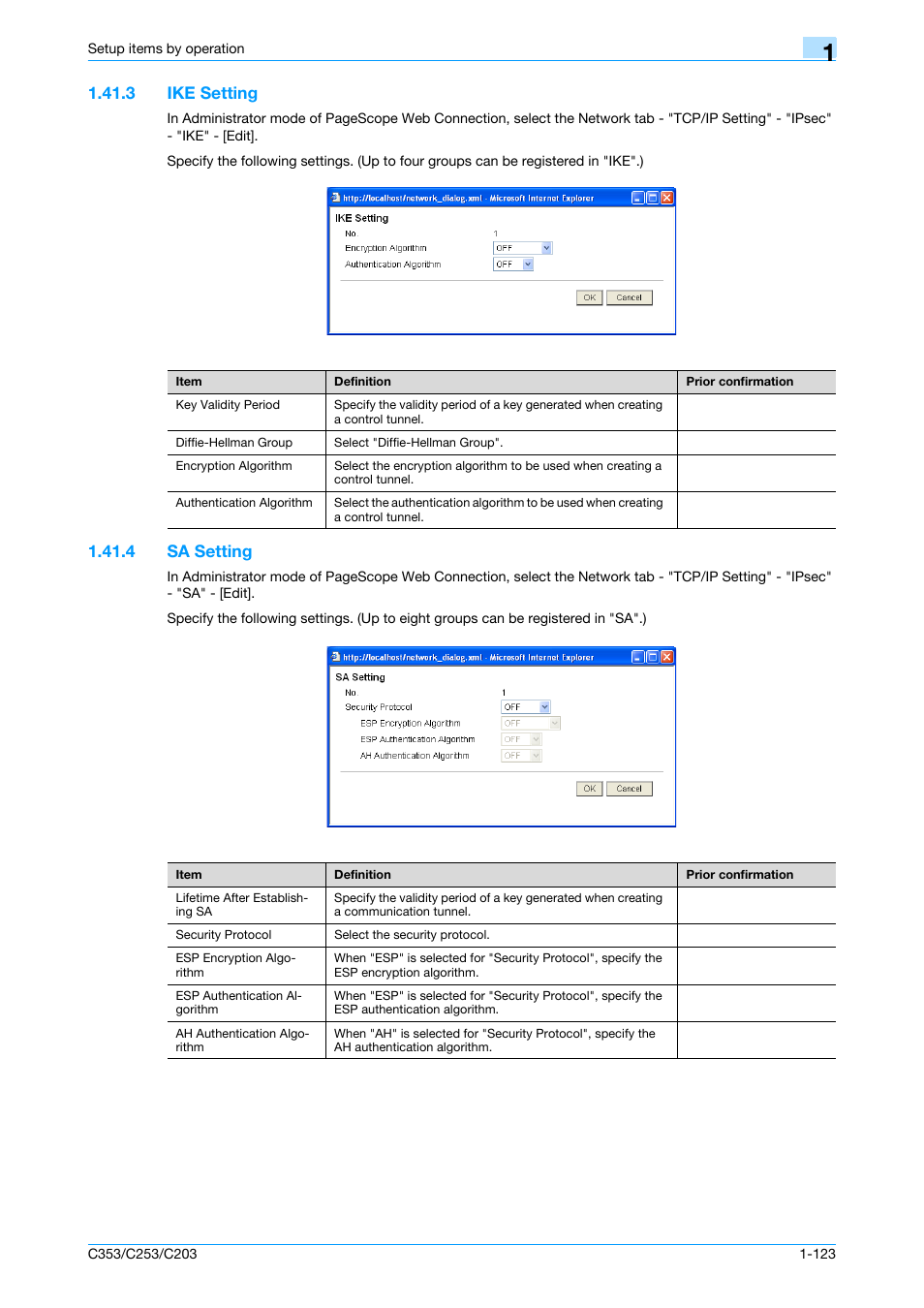 3 ike setting, 4 sa setting, Ike setting -123 | Sa setting -123, Ike setting, Sa setting | Konica Minolta bizhub C353 User Manual | Page 136 / 220