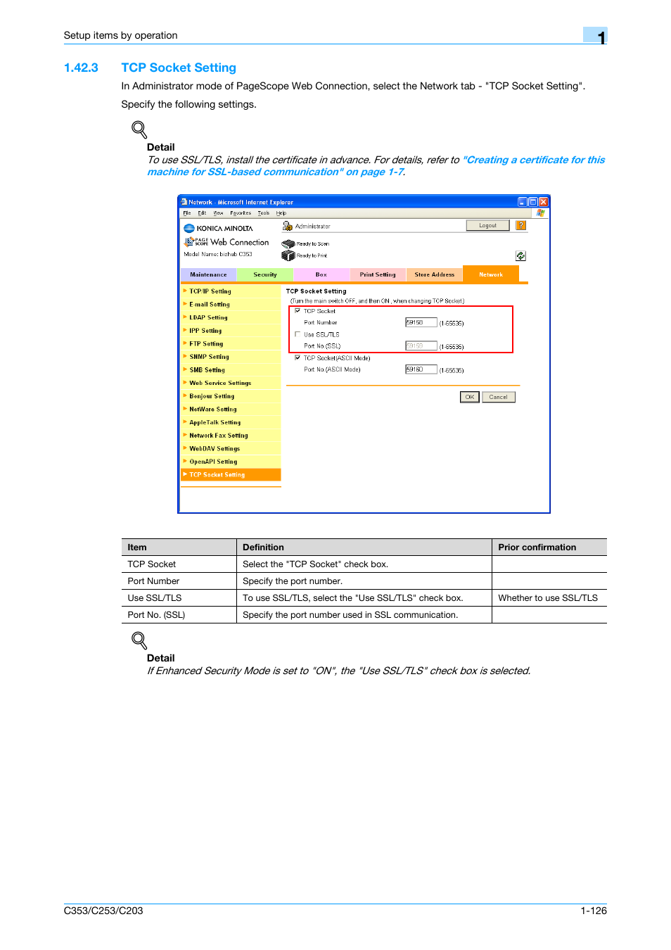 3 tcp socket setting, Tcp socket setting -126, Tcp socket setting | Konica Minolta bizhub C353 User Manual | Page 139 / 220