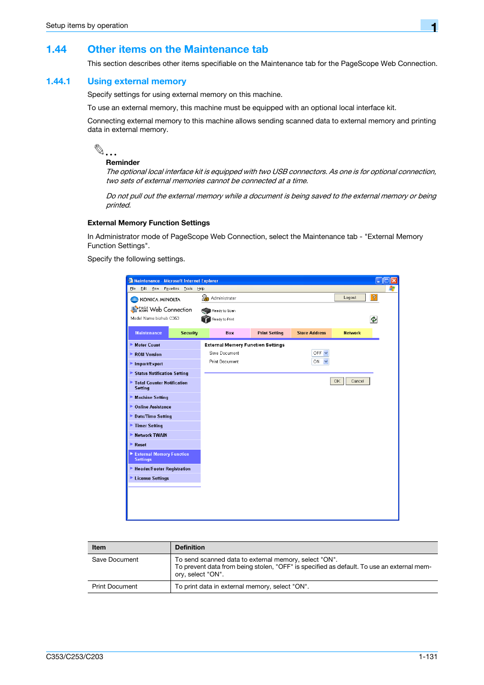 44 other items on the maintenance tab, 1 using external memory, External memory function settings | Other items on the maintenance tab -131 | Konica Minolta bizhub C353 User Manual | Page 144 / 220